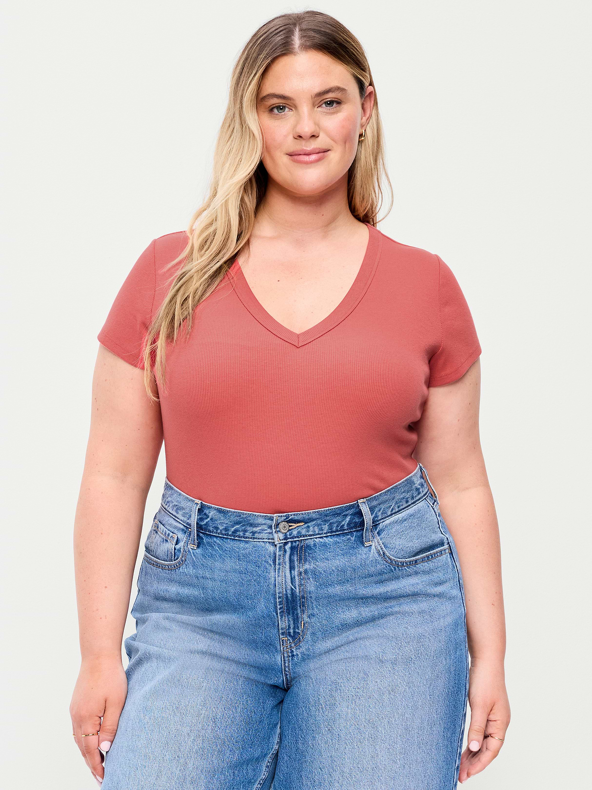 Snug Crop V-Neck Ribbed T-Shirt - Cactus Bloom
