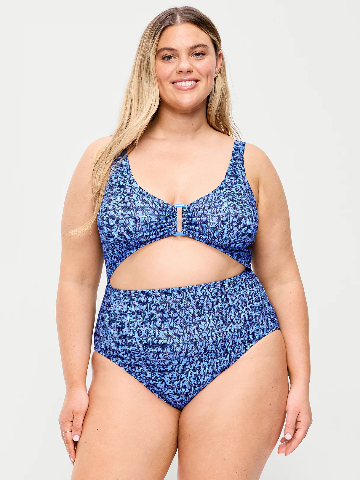 Textured One-Piece Cut-Out Swimsuit - Blue Geometric