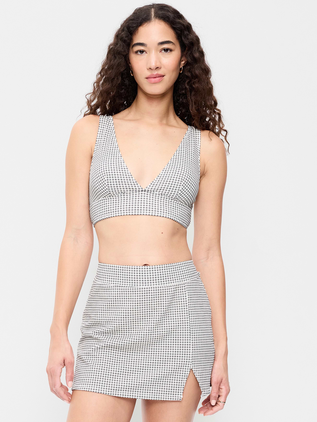 V-Neck Longline Bikini Swim Top - Black/White Gingham