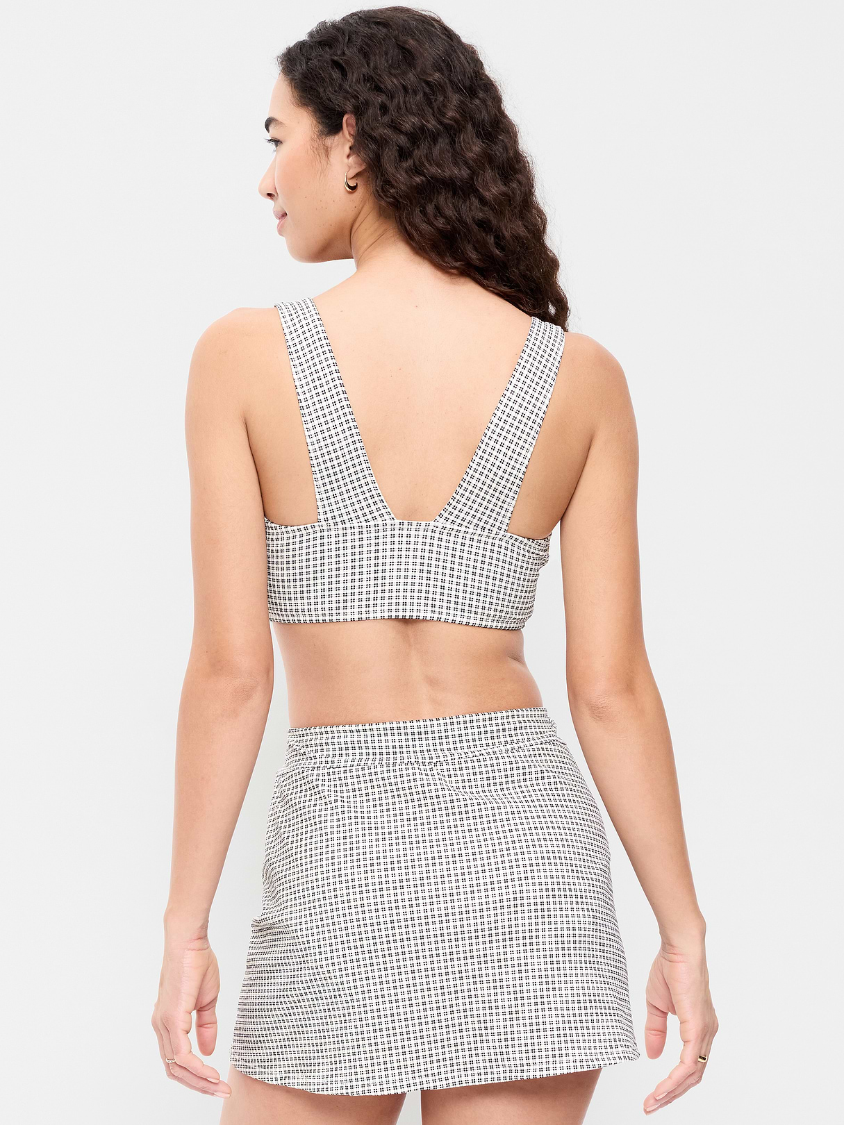 V-Neck Longline Bikini Swim Top - Black/White Gingham