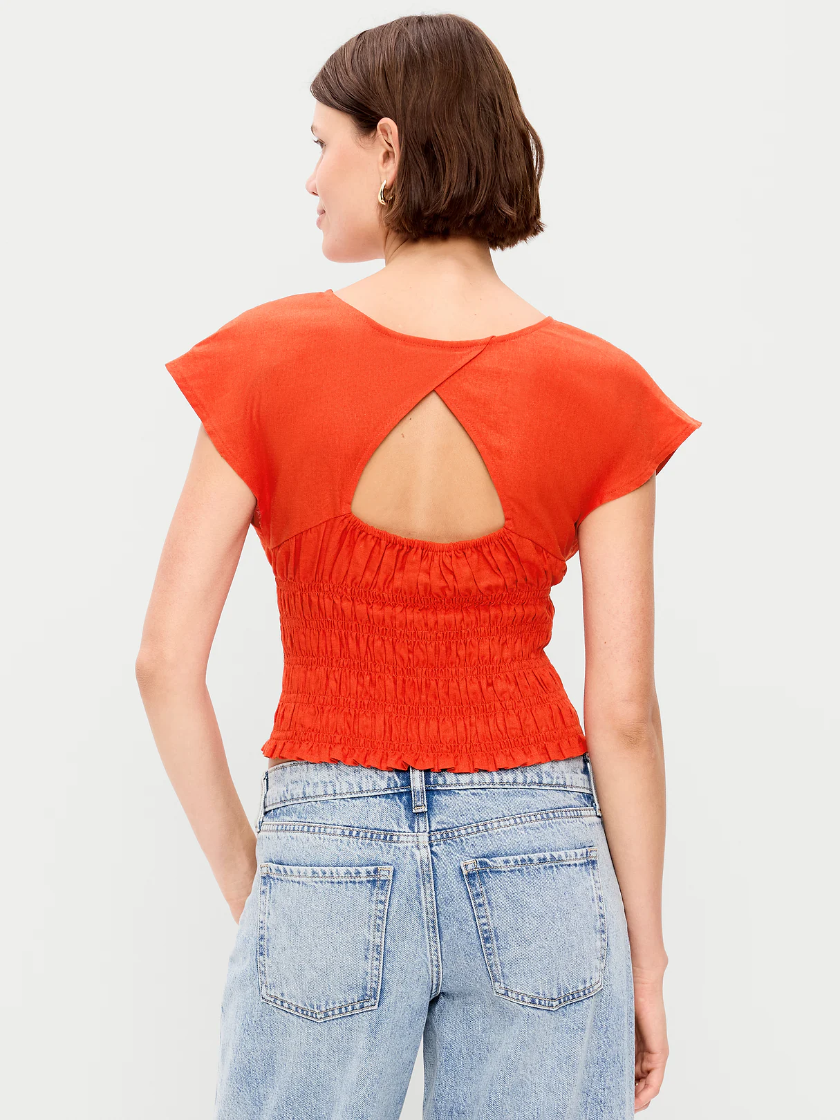 Linen-Blend Short-Sleeve Smocked Top - Ornament Orange