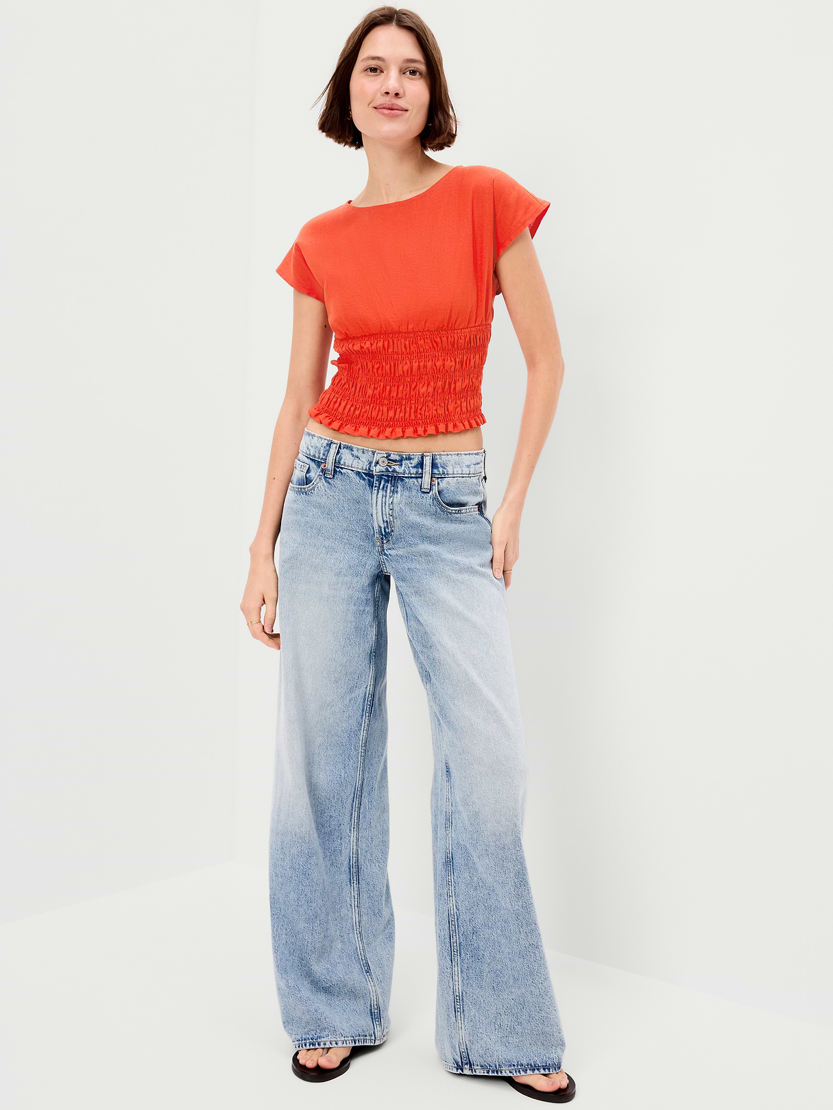 Linen-Blend Short-Sleeve Smocked Top - Ornament Orange