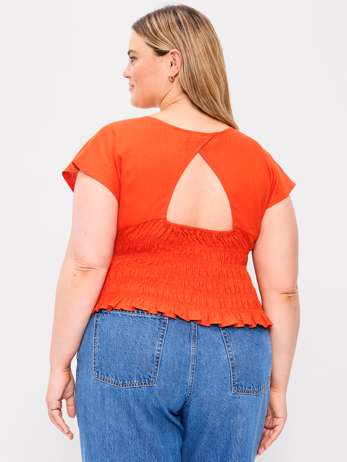 Linen-Blend Short-Sleeve Smocked Top - Ornament Orange