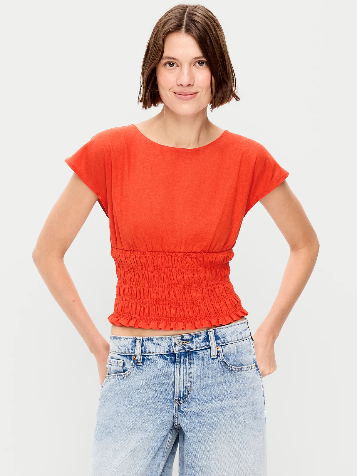 Linen-Blend Short-Sleeve Smocked Top - Ornament Orange
