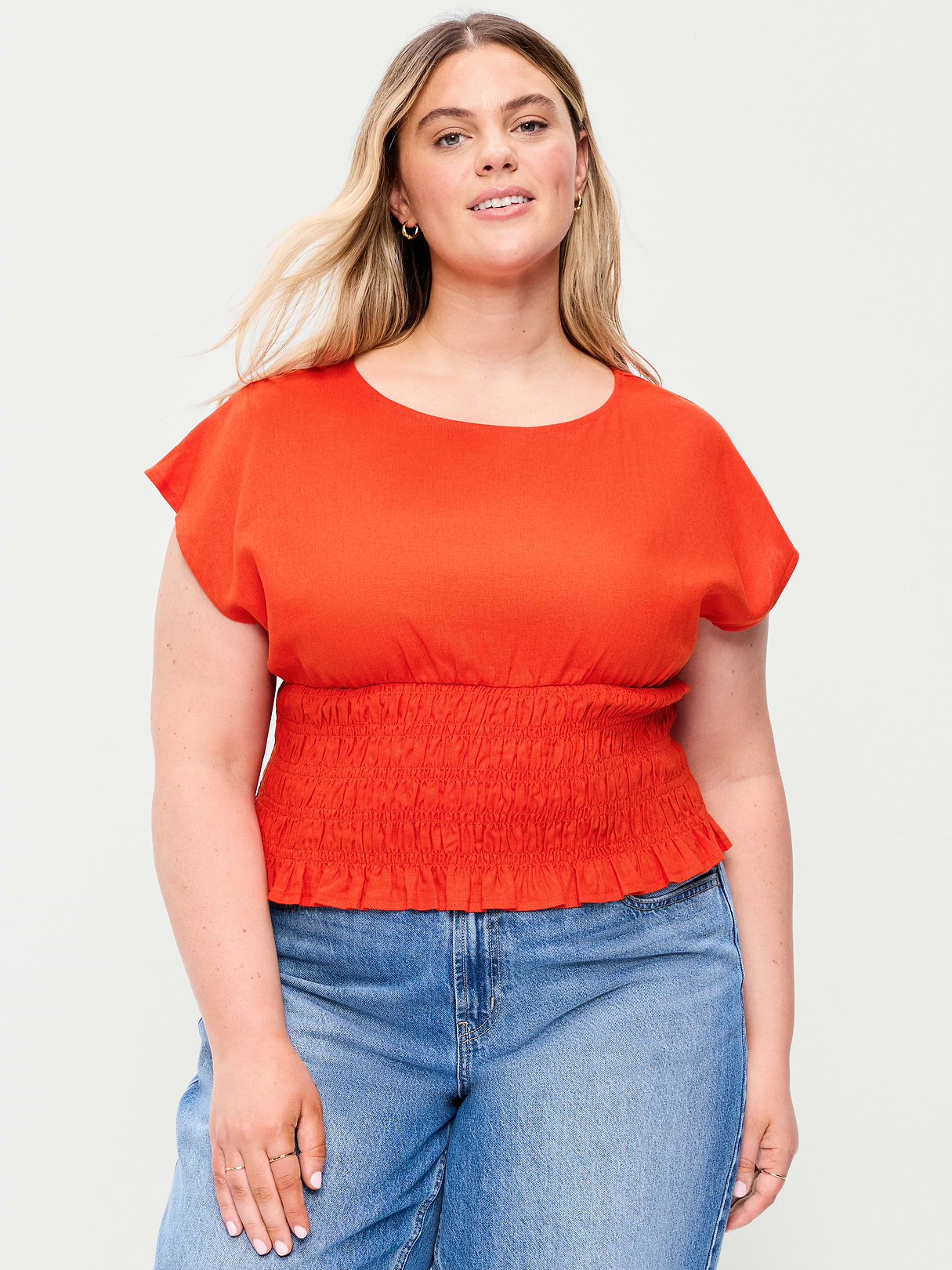 Linen-Blend Short-Sleeve Smocked Top - Ornament Orange