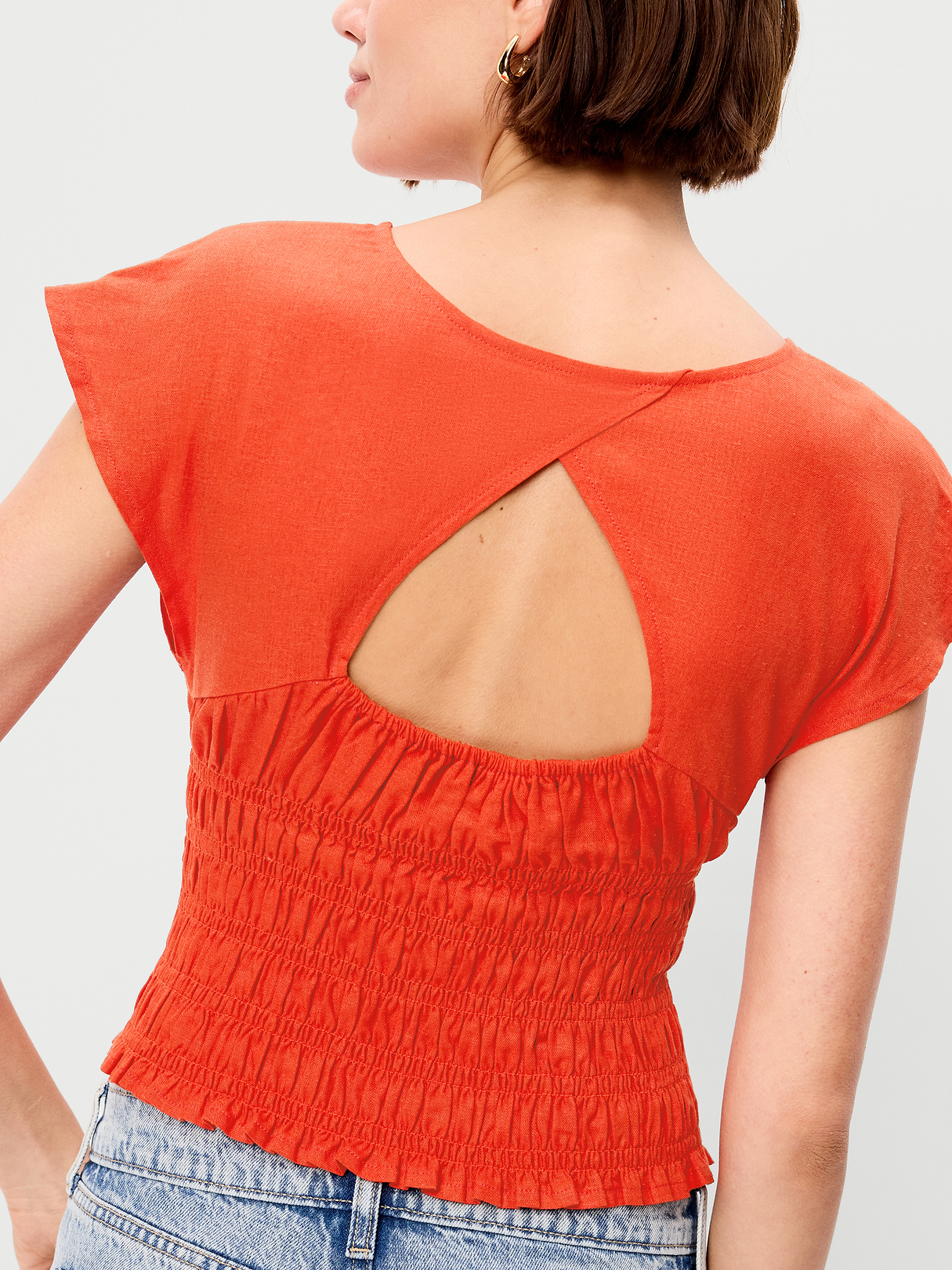 Linen-Blend Short-Sleeve Smocked Top - Ornament Orange