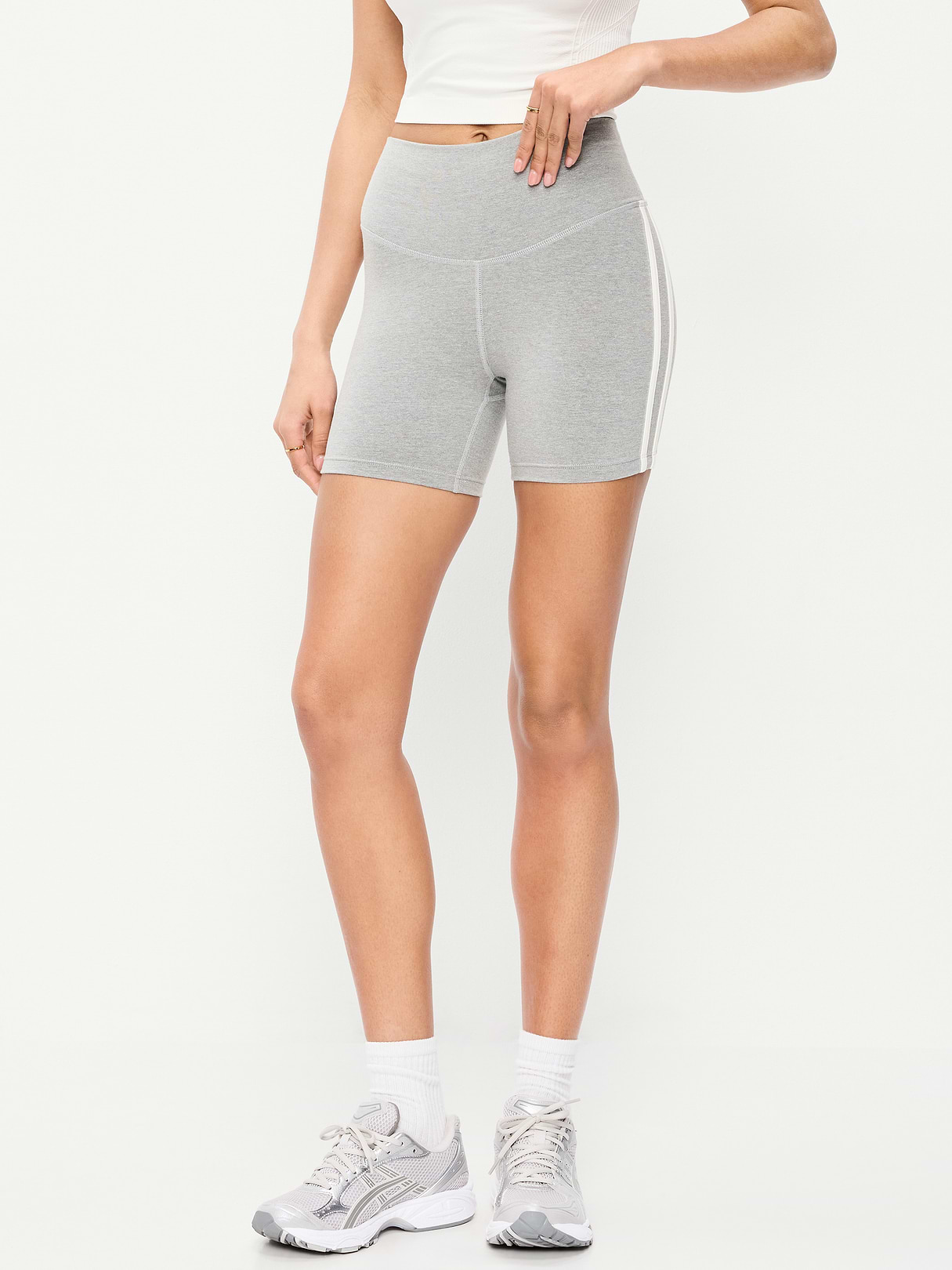 High-Waisted PowerChill Biker Shorts -- 5-inch inseam - Gray Stripe