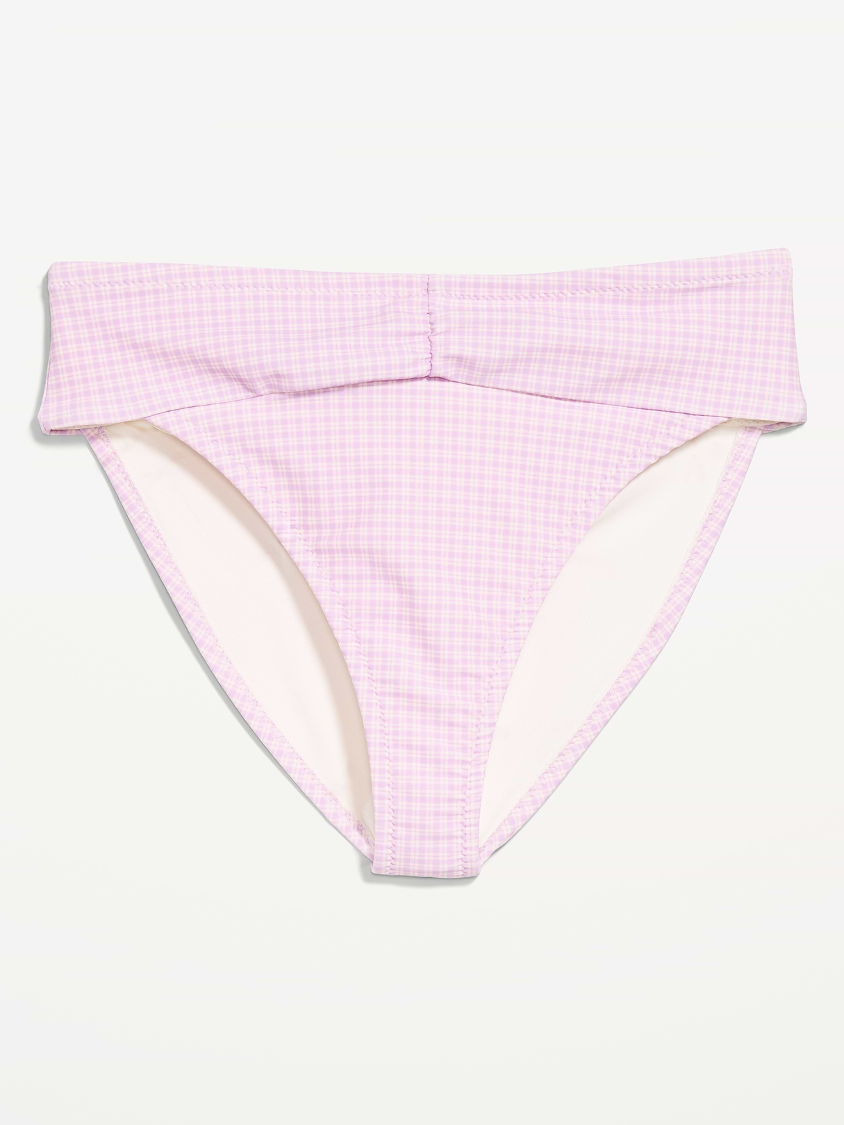 High-Waisted Cinched Bikini Swim Bottoms - Purple Gingham