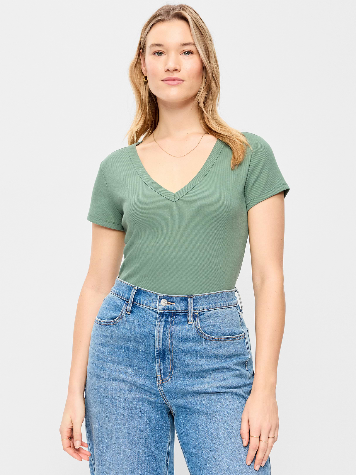 Snug Crop V-Neck Ribbed T-Shirt - Dried Herb