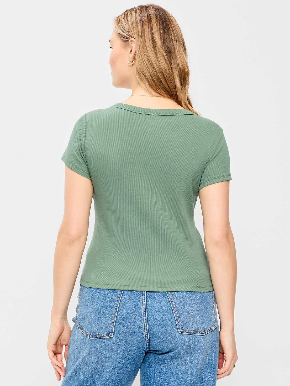 Snug Crop V-Neck Ribbed T-Shirt - Dried Herb