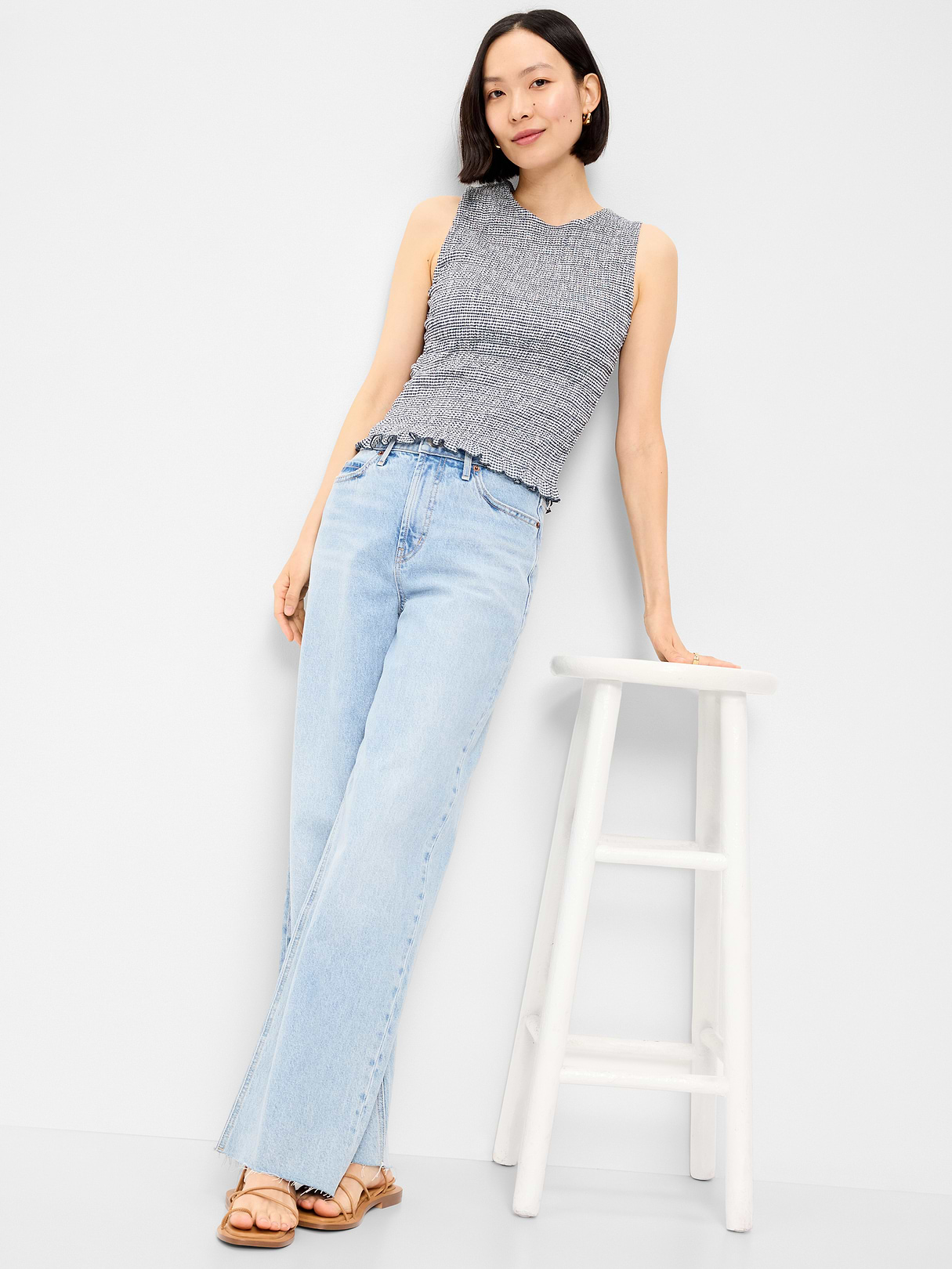 Sleeveless Smocked Tank Top - Navy Gingham