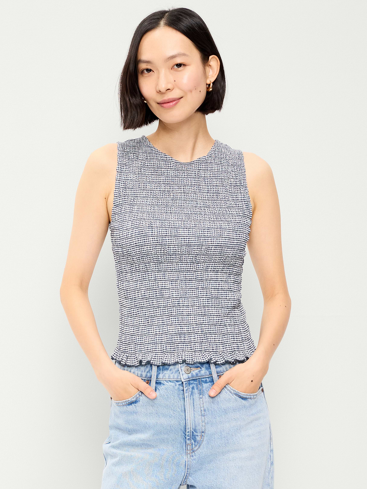 Sleeveless Smocked Tank Top - Navy Gingham