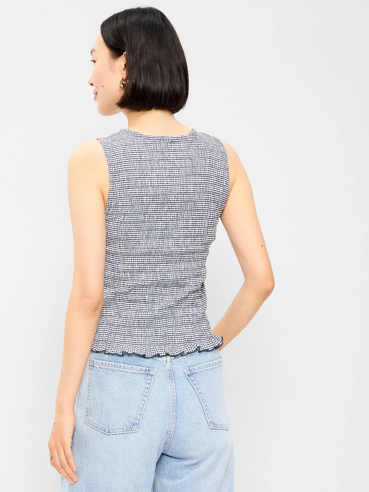 Sleeveless Smocked Tank Top - Navy Gingham