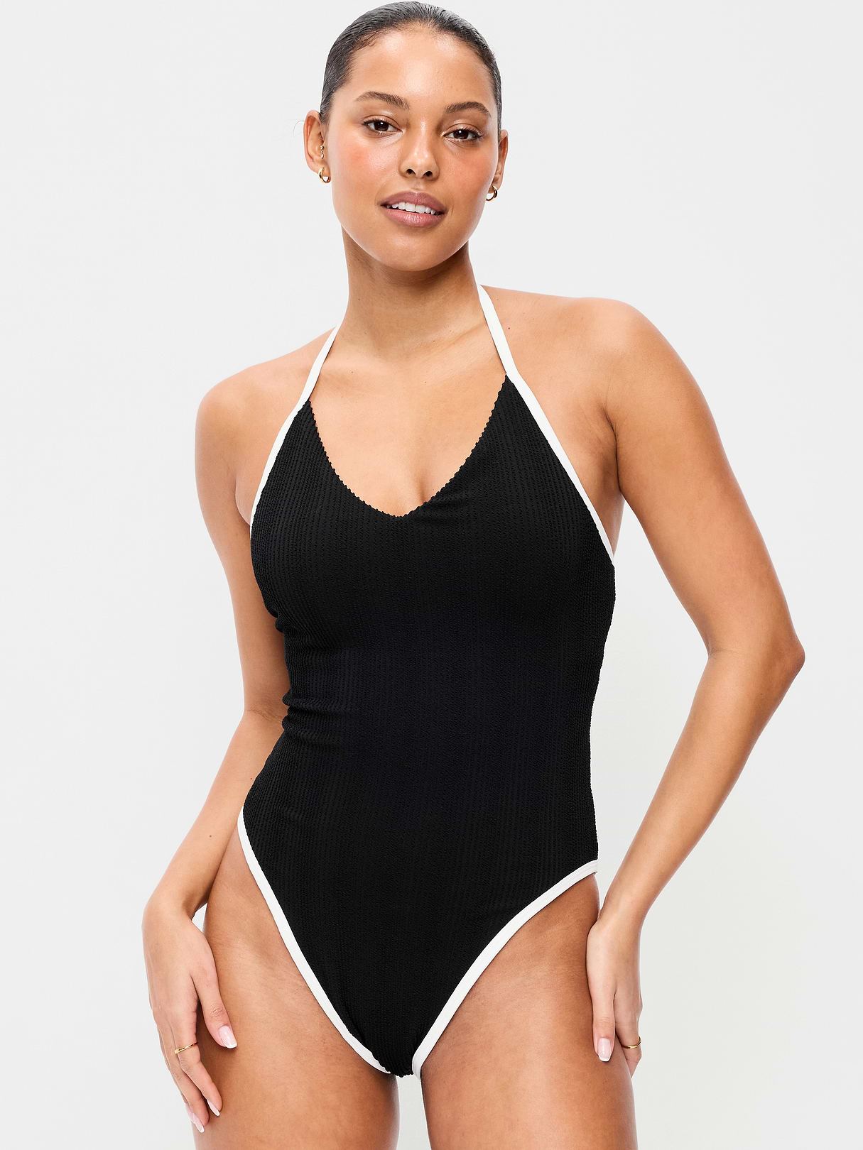 Pique V-Neck Halter Swimsuit - Black Jack (861796032)