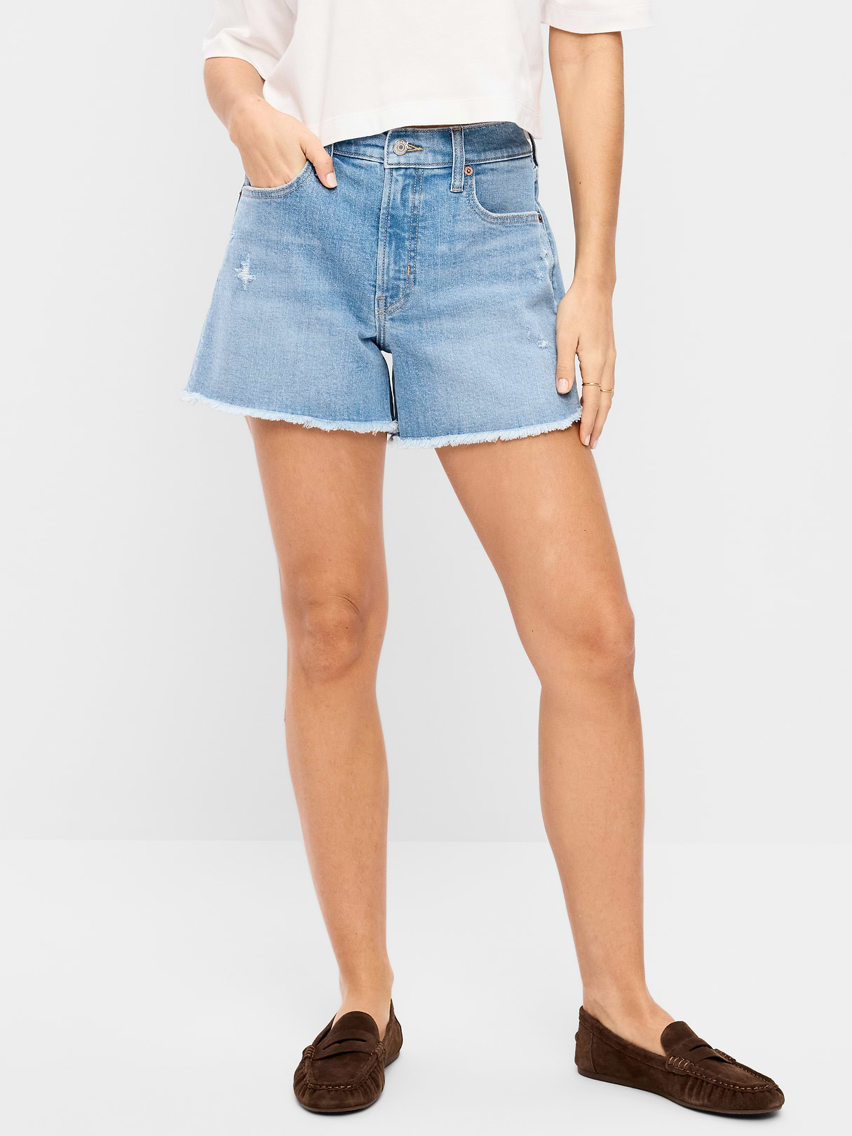 High-Waisted OG Jean Shorts -- 4-inch inseam - Indigo Shreds