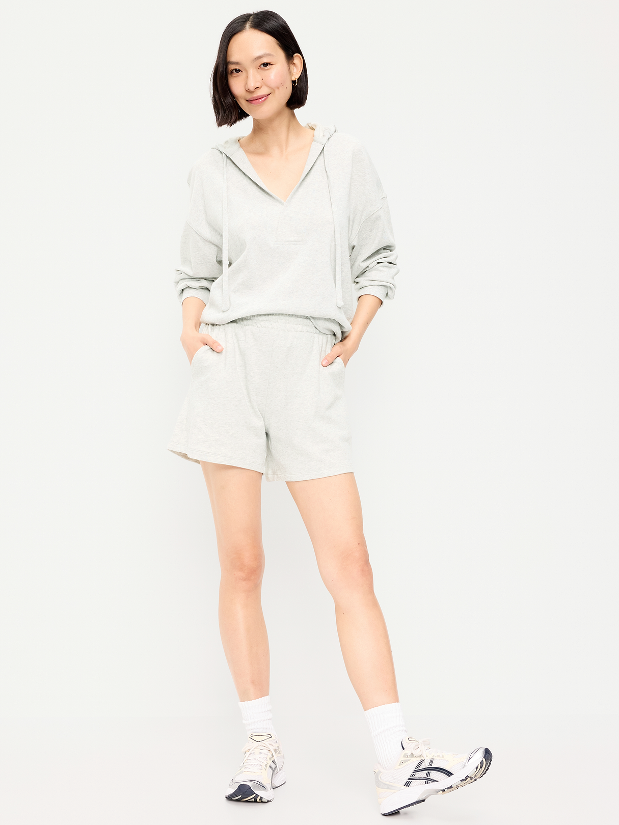 High-Waisted Pull-On Shorts -- 5-inch inseam - Light Gray Heather