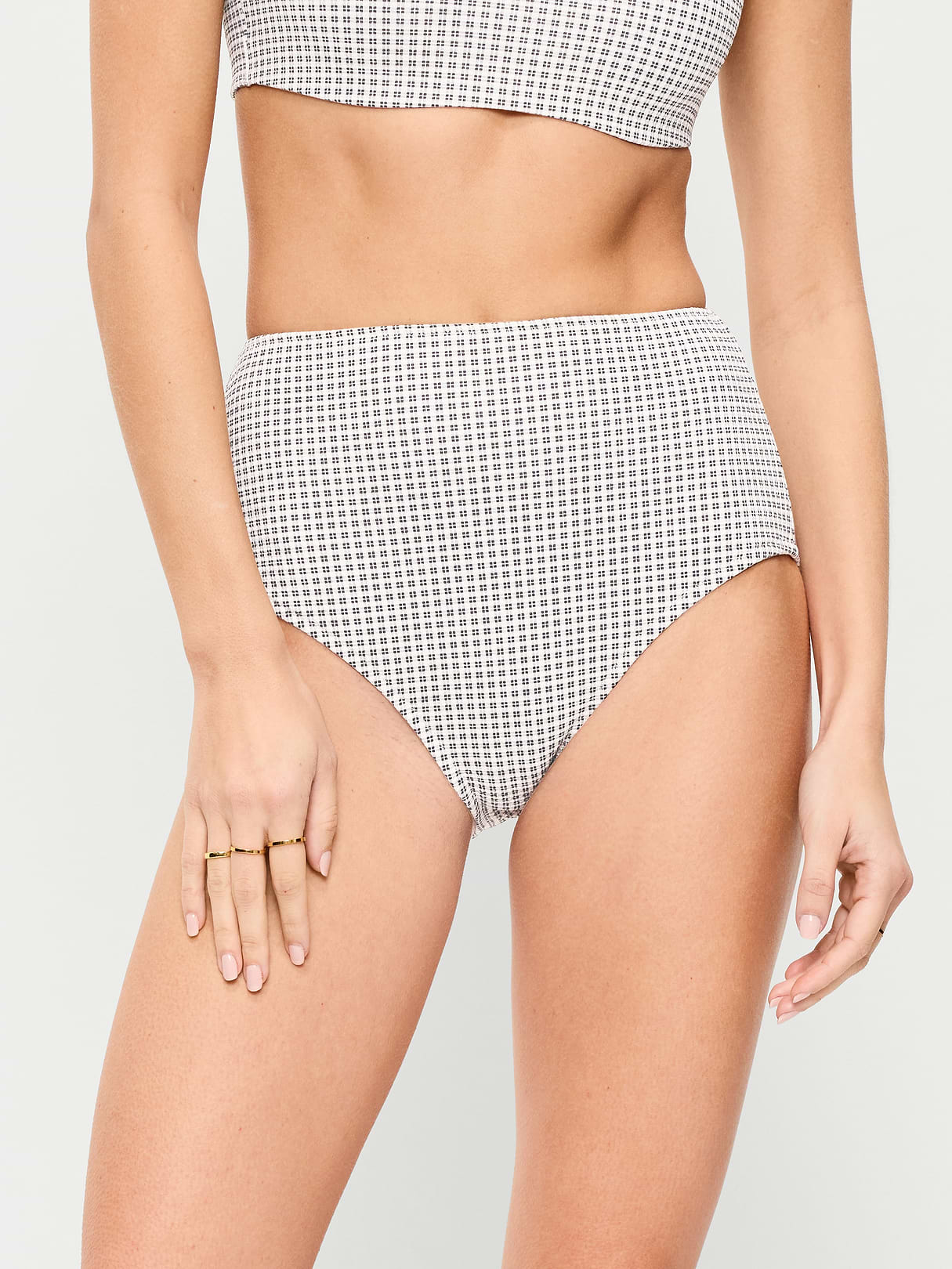 High-Waisted Ribbed Bikini Swim Bottoms - Black/White Gingham