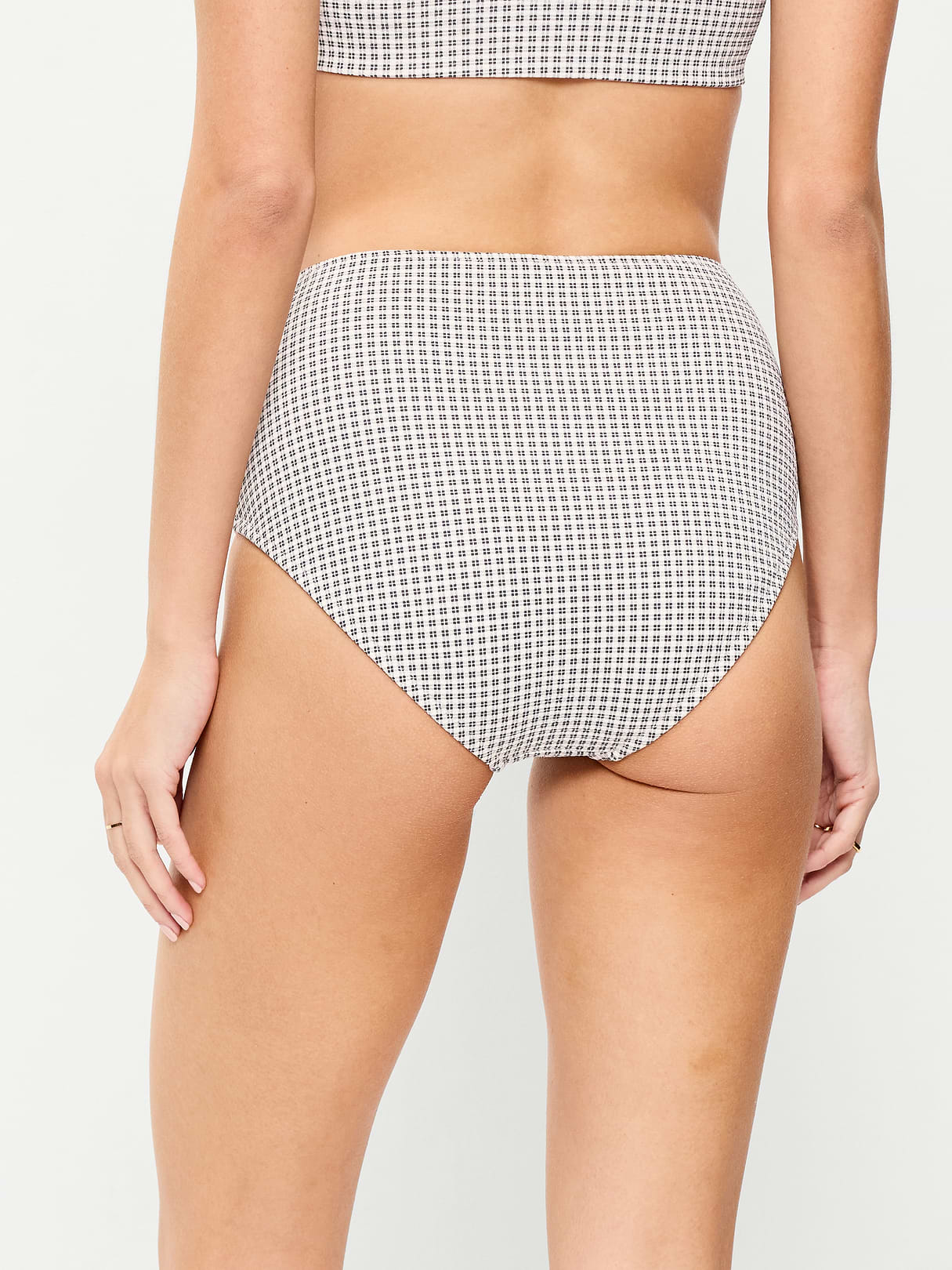 High-Waisted Ribbed Bikini Swim Bottoms - Black/White Gingham