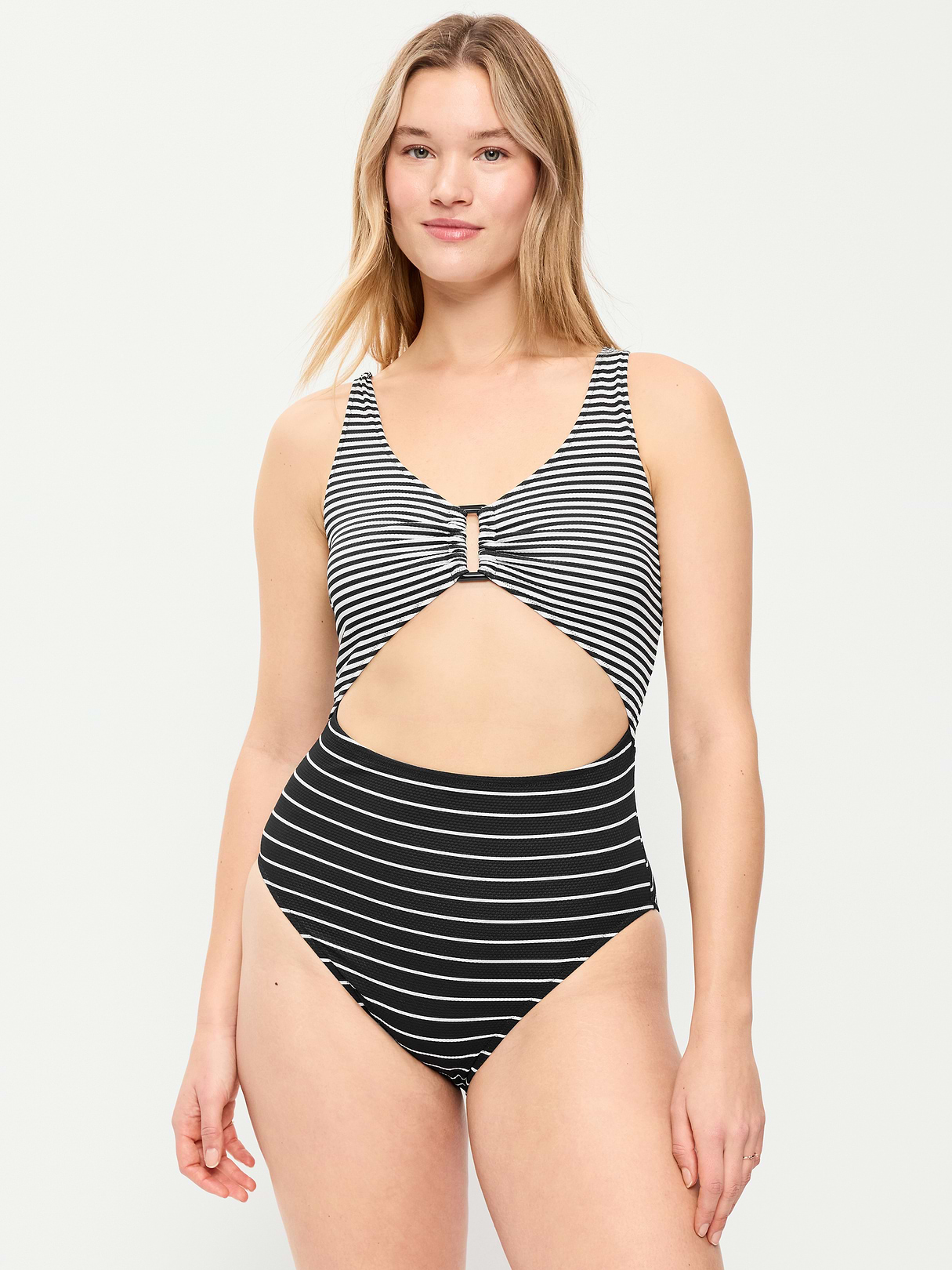 Textured One-Piece Cut-Out Swimsuit - Black White Stripe