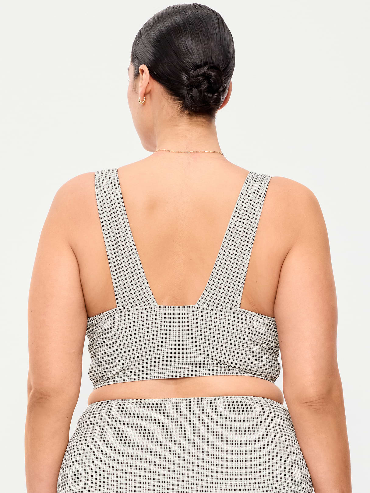 V-Neck Longline Bikini Swim Top - Black/White Gingham