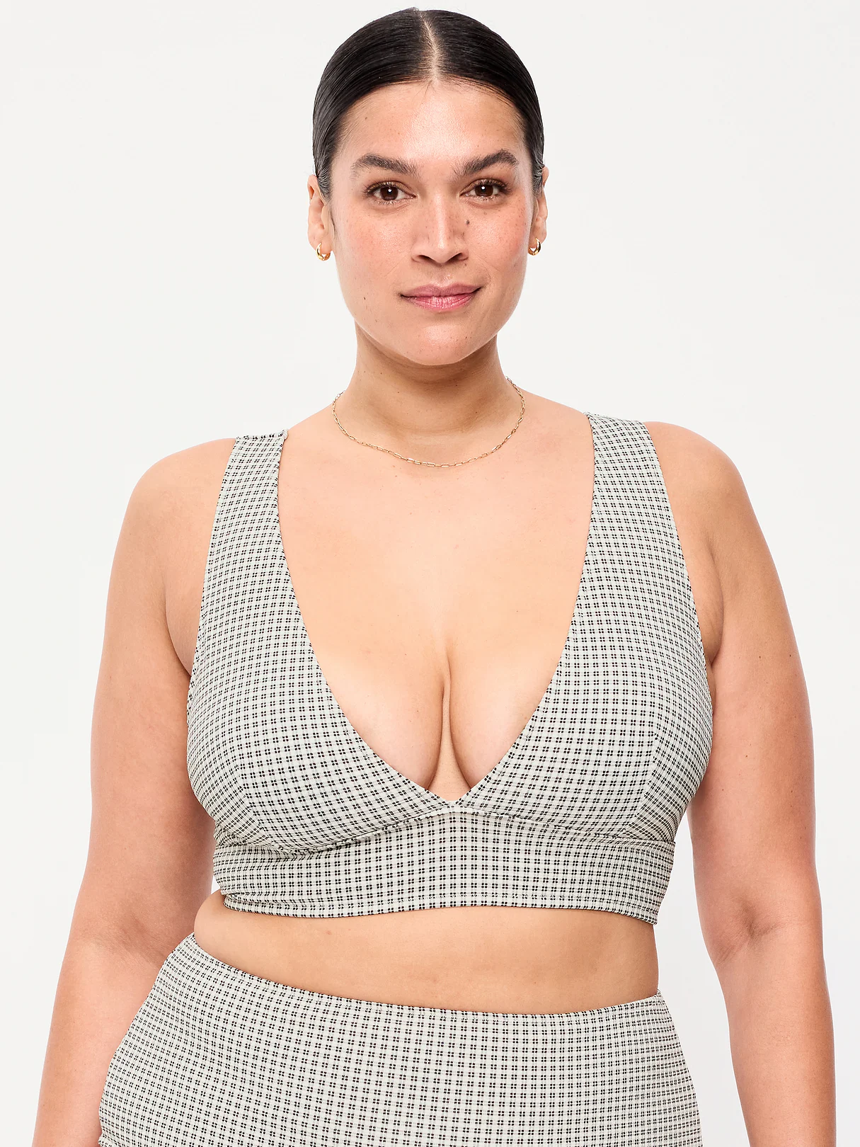 V-Neck Longline Bikini Swim Top - Black/White Gingham