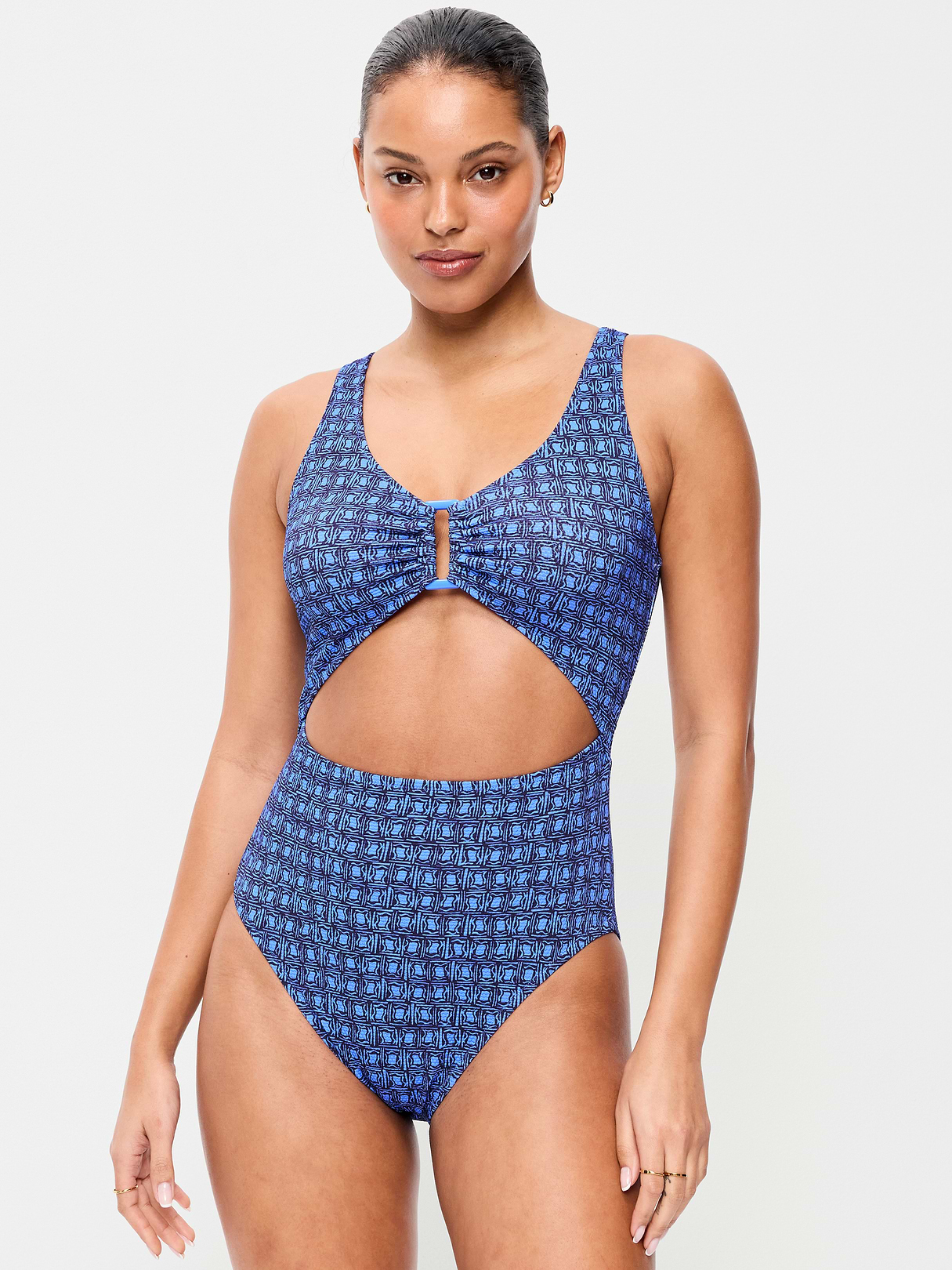 Textured One-Piece Cut-Out Swimsuit - Blue Geometric