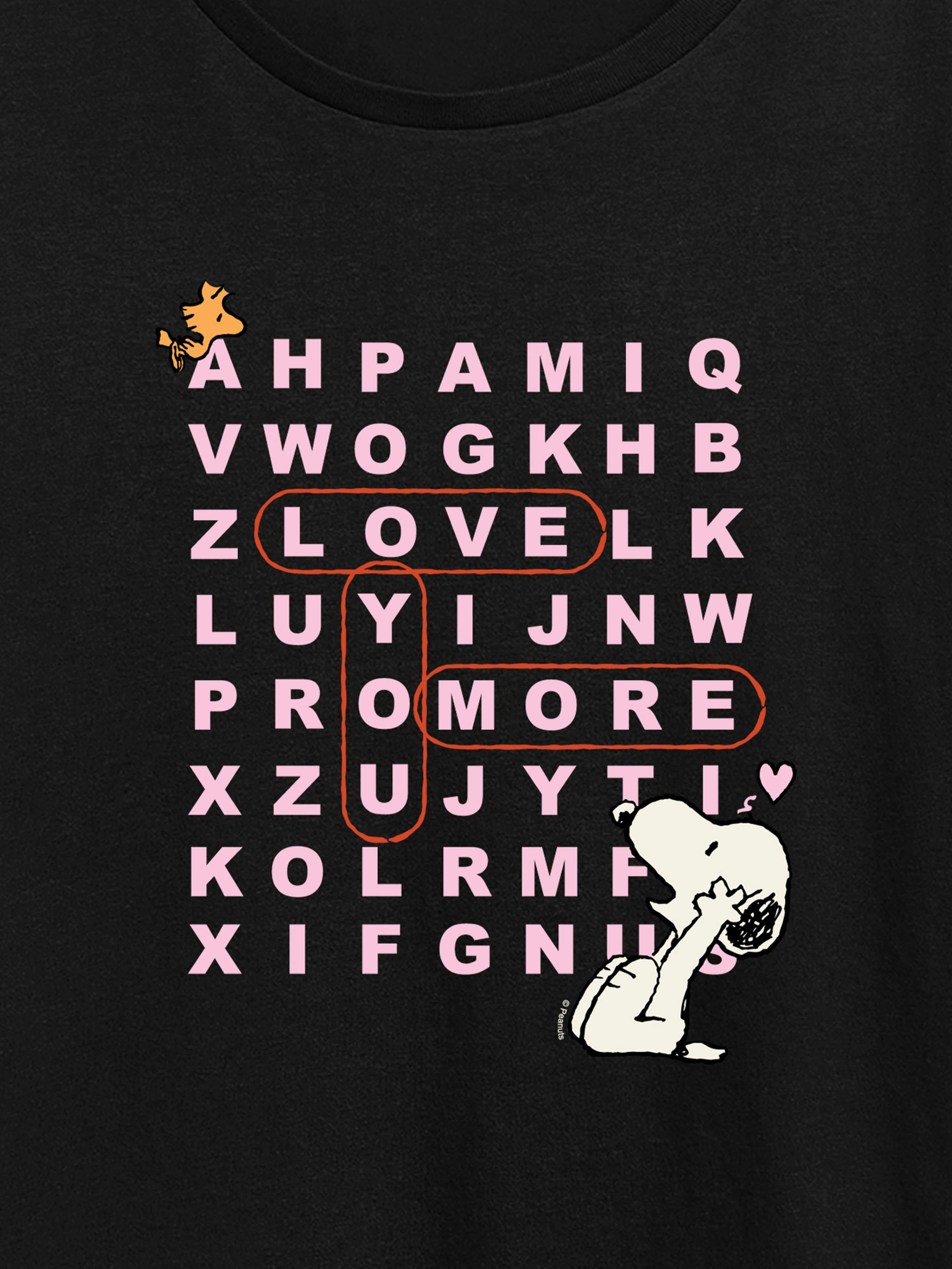 Peanuts I Love You More Snoopy Word Search Short Sleeve Graphic Tee - Black