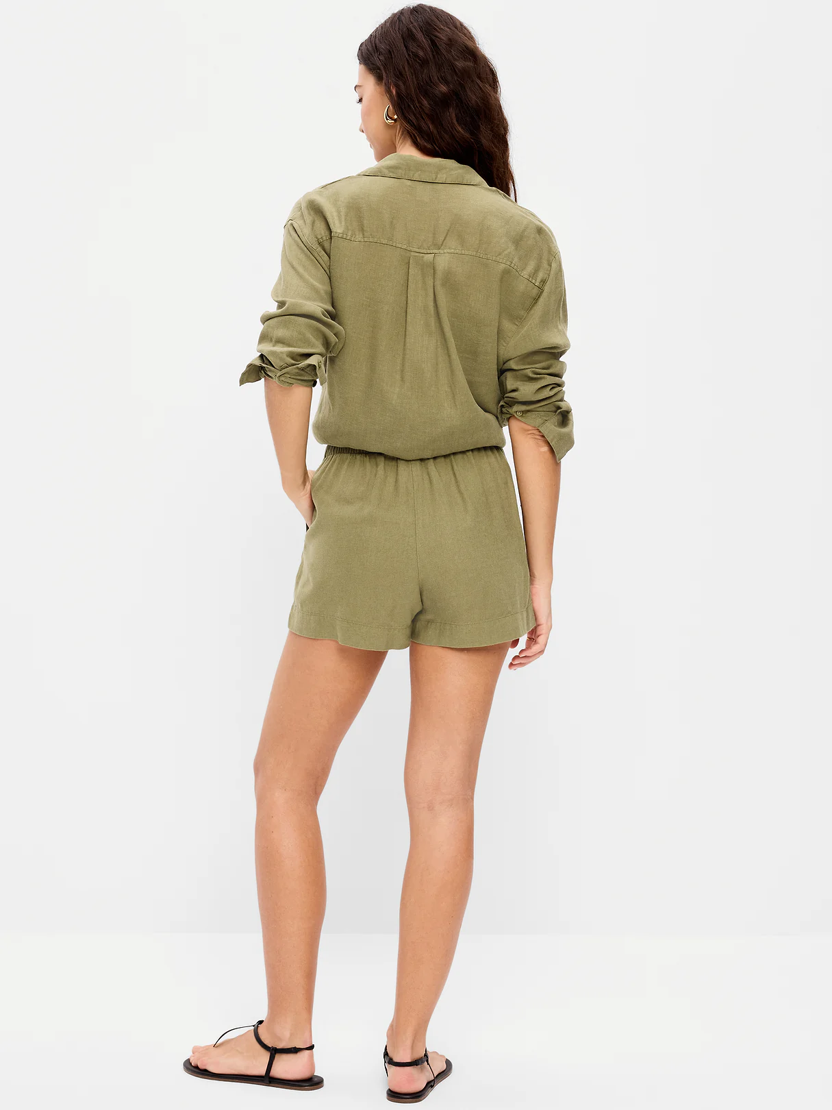 High-Waisted Beach Linen Pull-On Shorts - Kombu