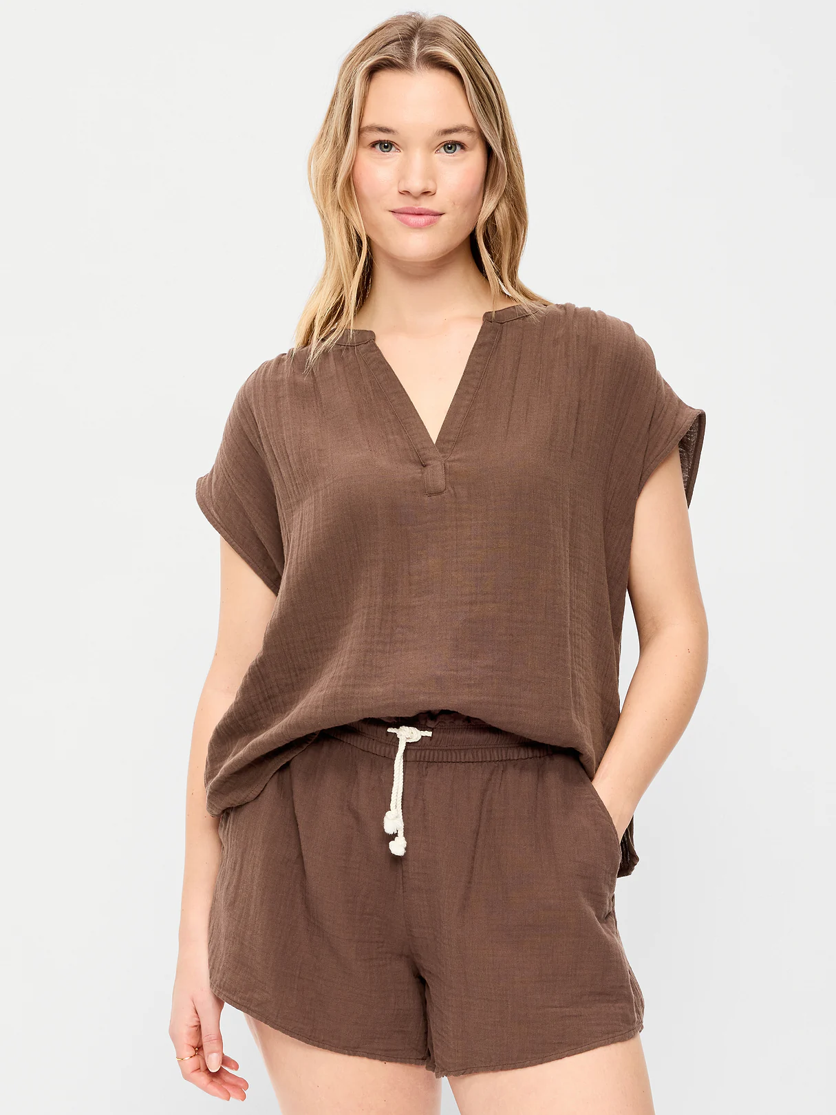 Short-Sleeve Crinkle Gauze Popover Top - Peppercorn
