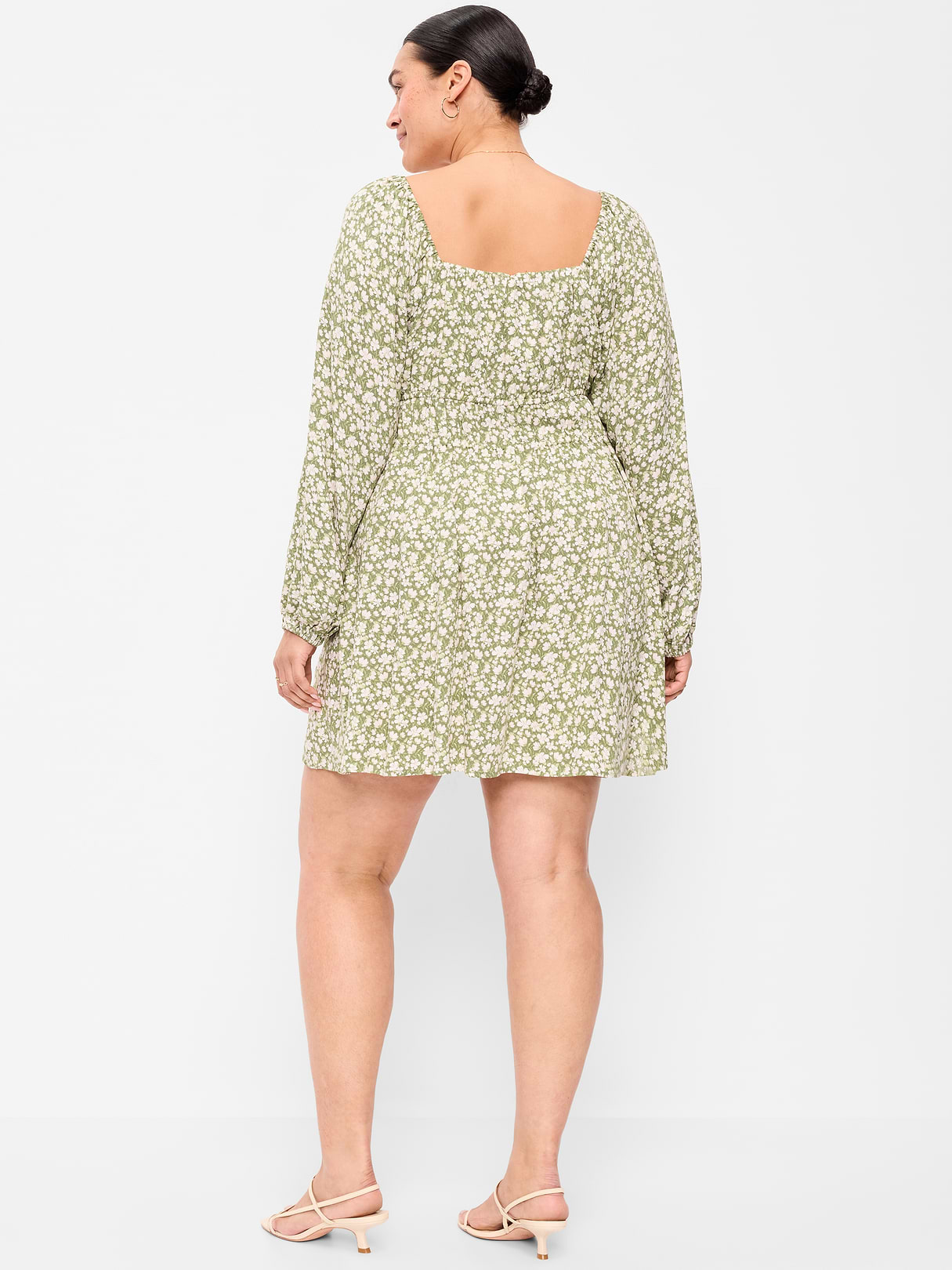 Long-Sleeve Square-Neck Mini Dress - Green Floral