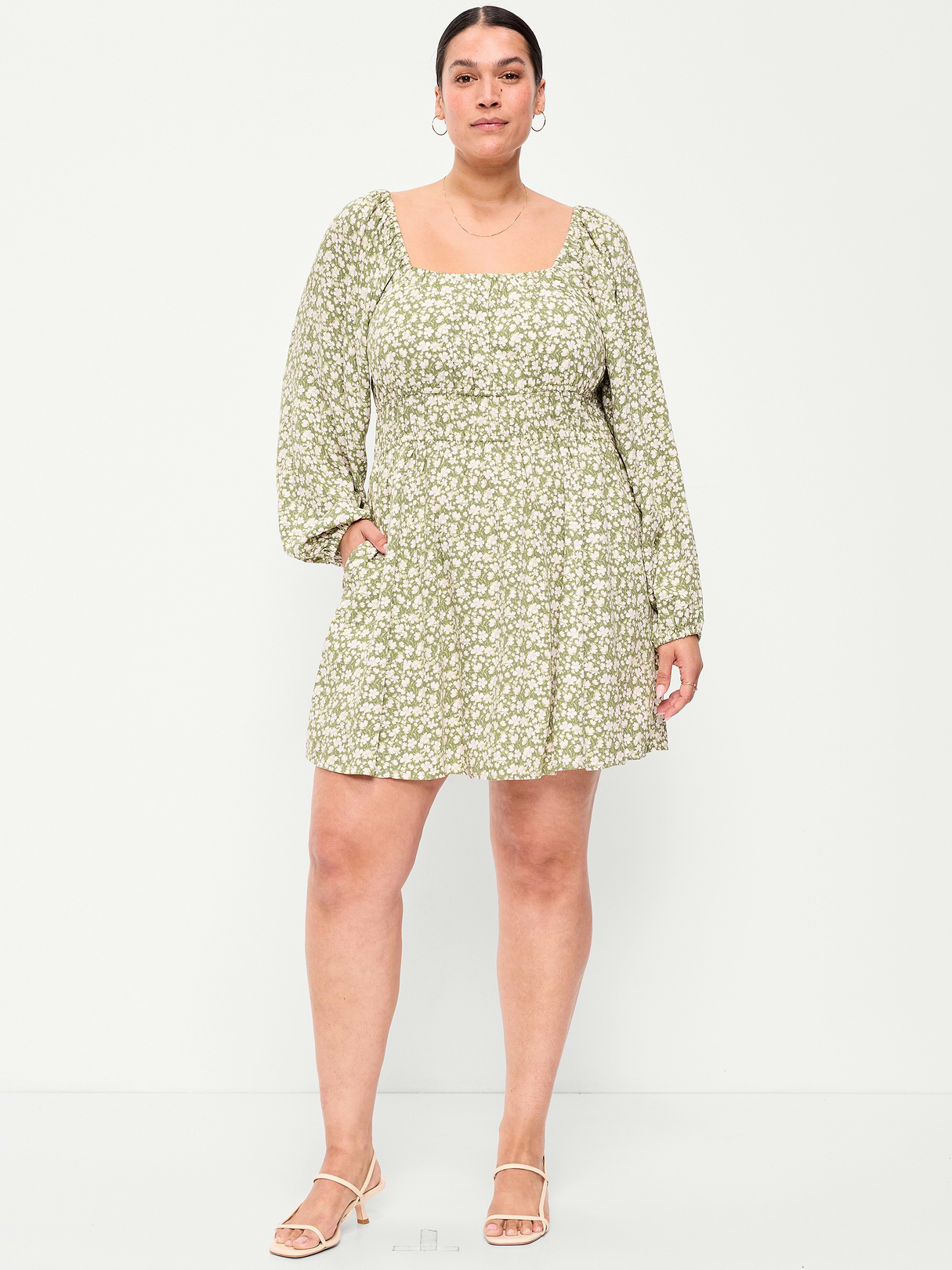 Long-Sleeve Square-Neck Mini Dress - Green Floral