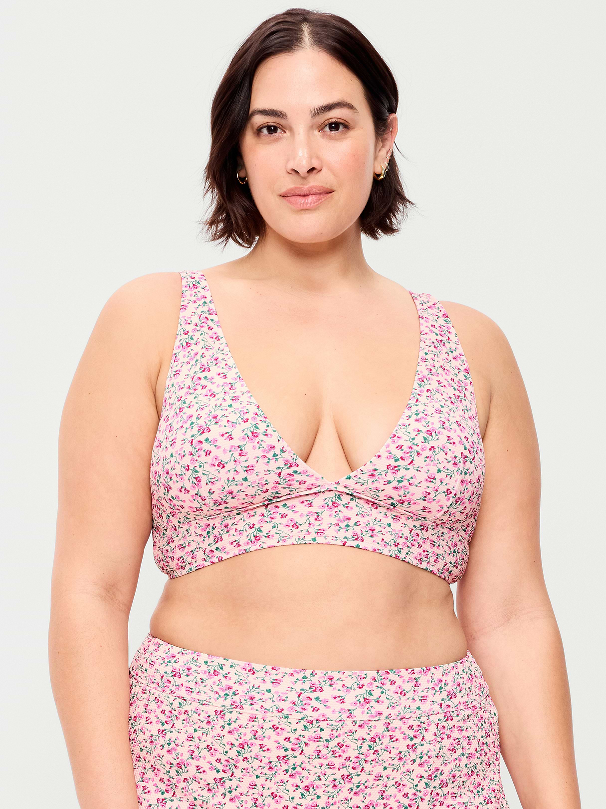 V-Neck Longline Bikini Swim Top - Pink Floral