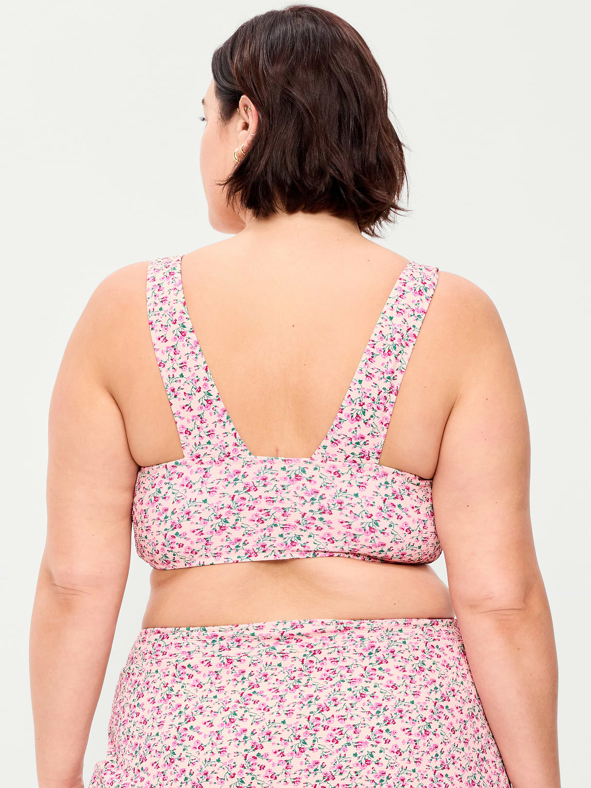 V-Neck Longline Bikini Swim Top - Pink Floral