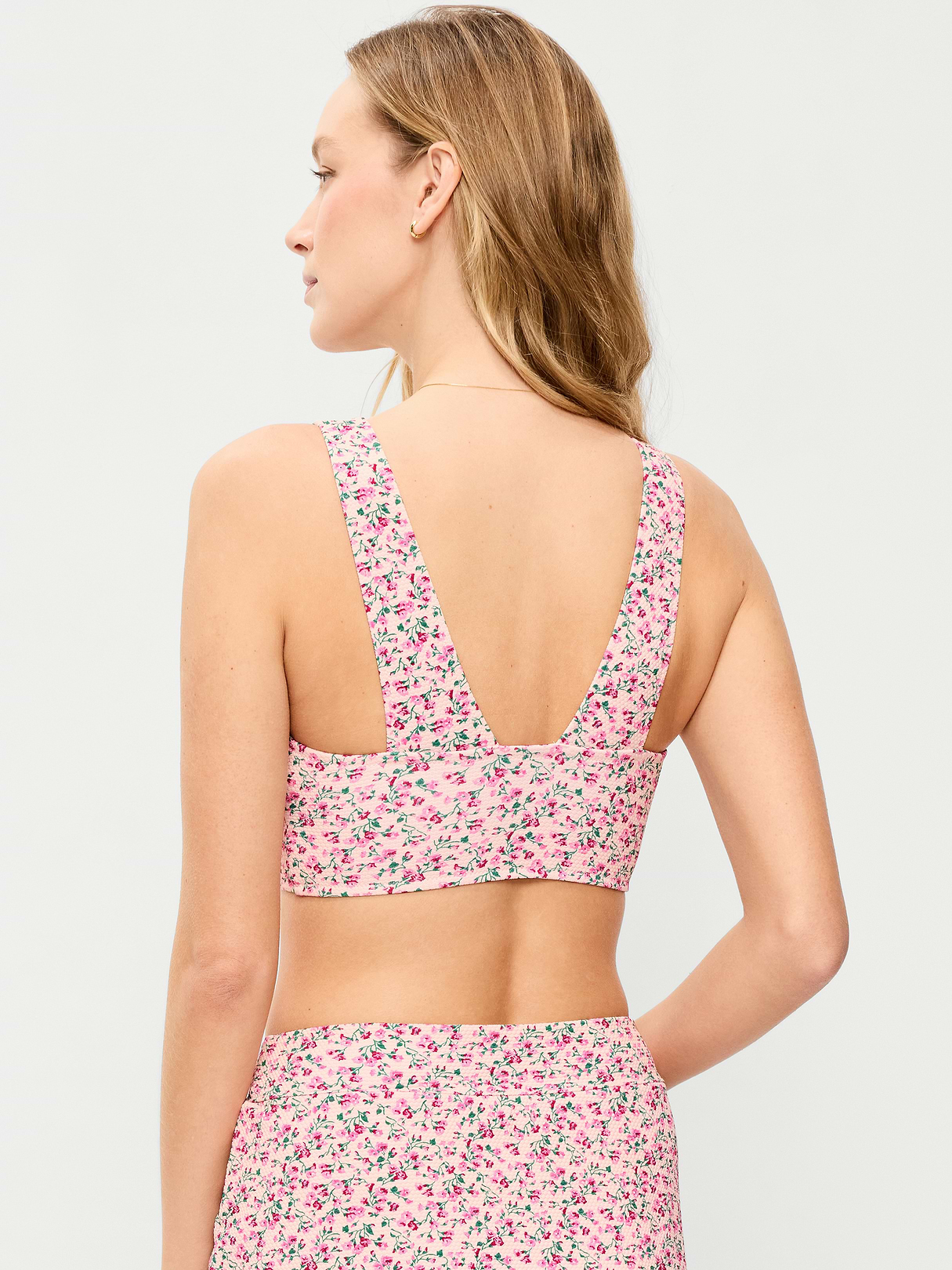 V-Neck Longline Bikini Swim Top - Pink Floral