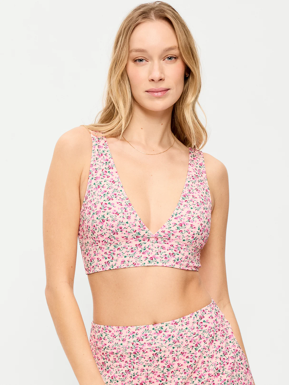 V-Neck Longline Bikini Swim Top - Pink Floral