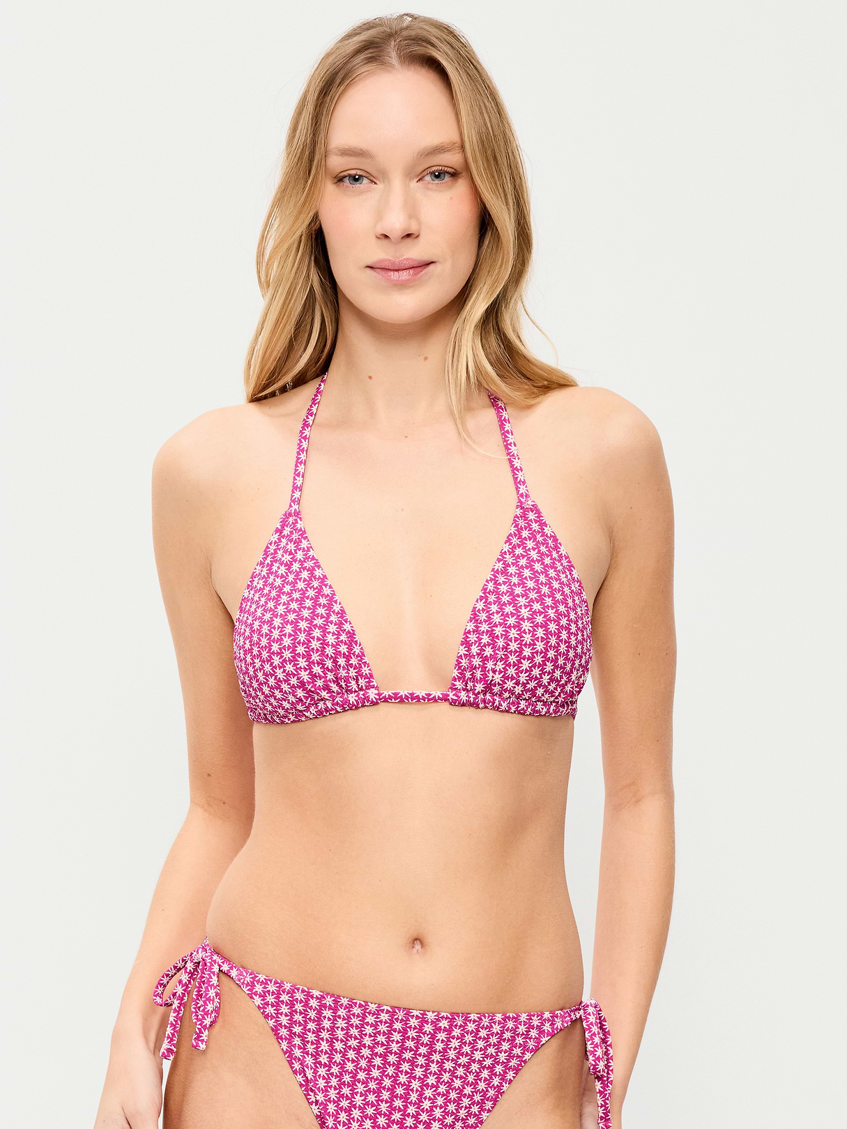 Pique Triangle String Bikini Swim Top - Pink Ditsy Floral