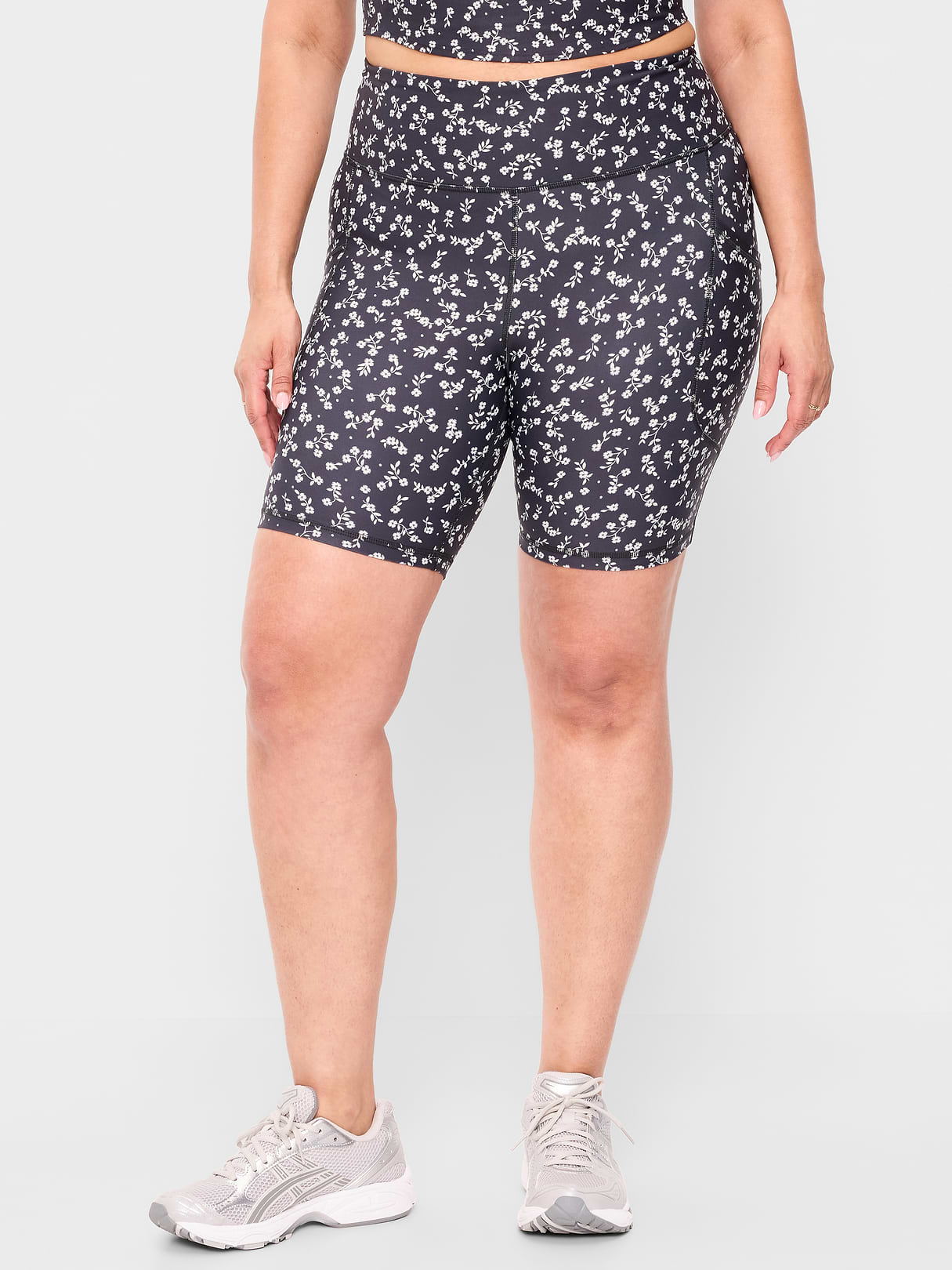 High-Waisted PowerSoft Biker Shorts -- 8-inch inseam - Black Floral