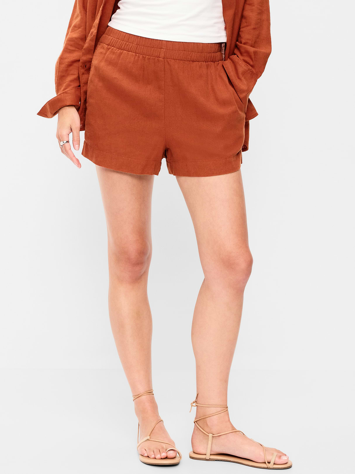 High-Waisted Beach Linen Pull-On Shorts - Russet Moon