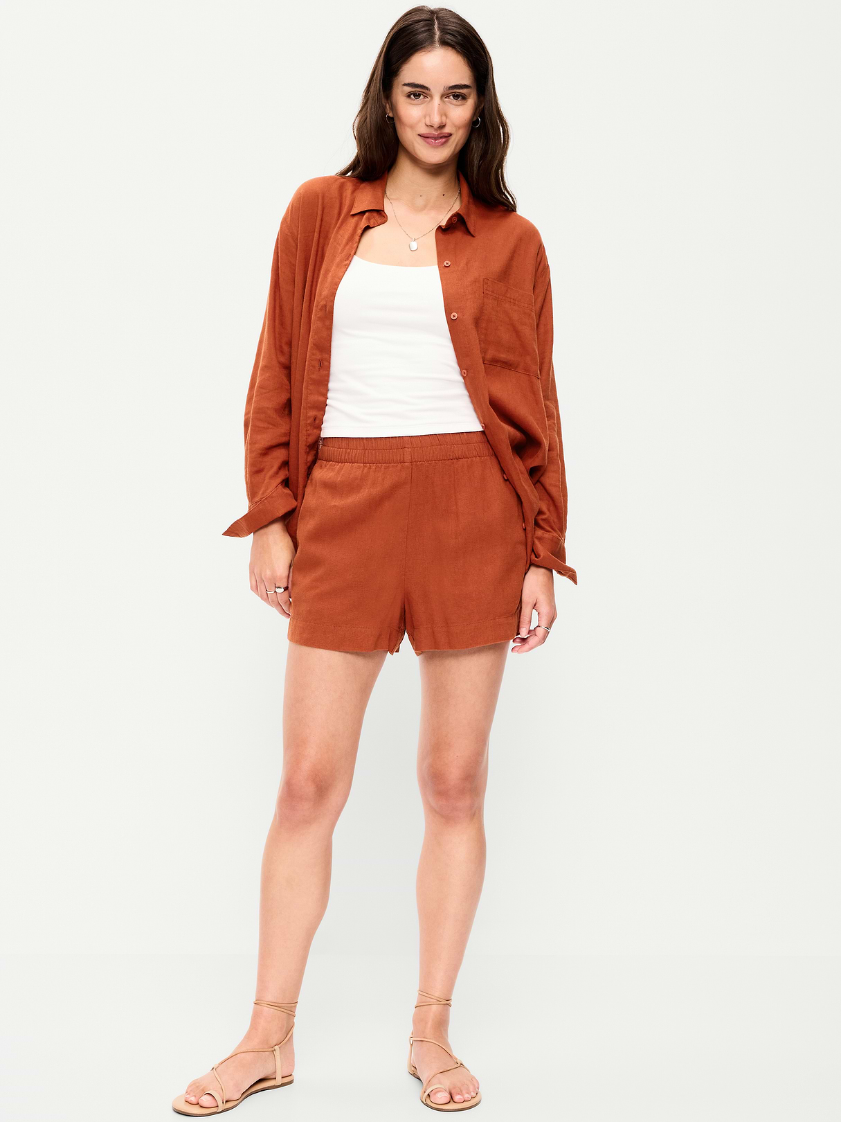 High-Waisted Beach Linen Pull-On Shorts - Russet Moon