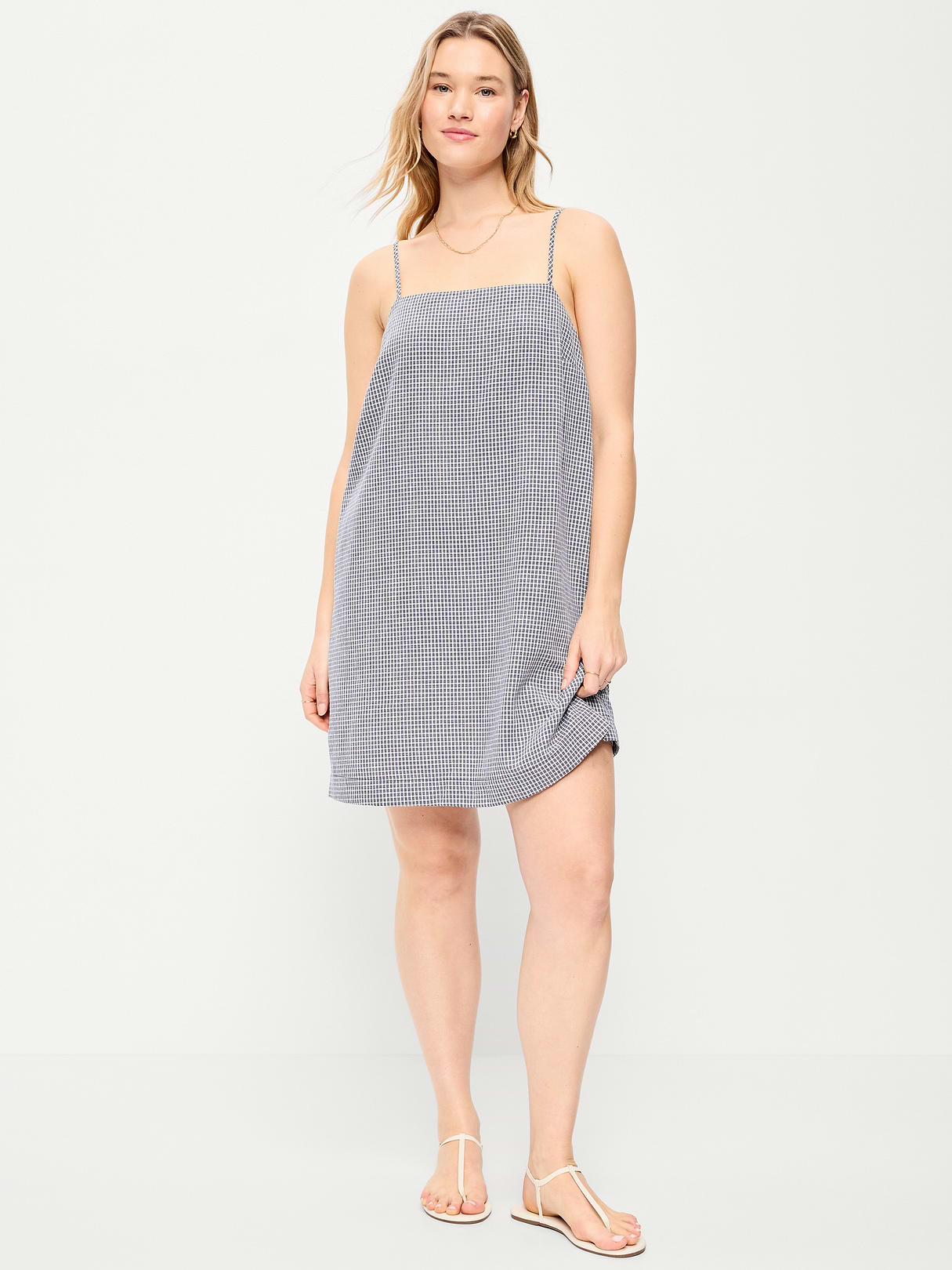 Strappy Mini Shift Dress - Navy Gingham
