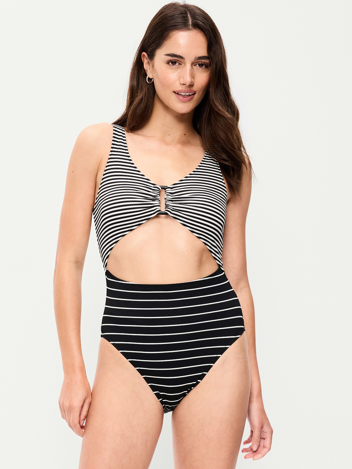 Textured One-Piece Cut-Out Swimsuit - Black White Stripe