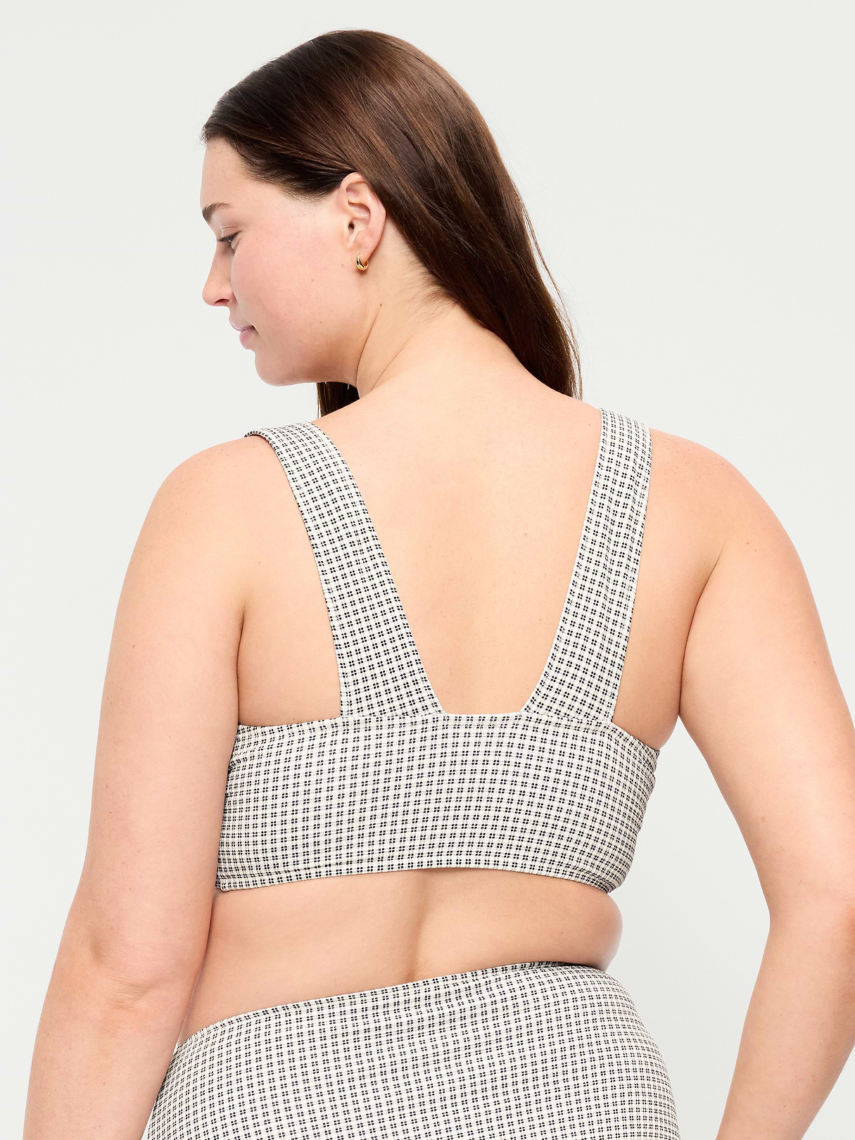 V-Neck Longline Bikini Swim Top - Black/White Gingham