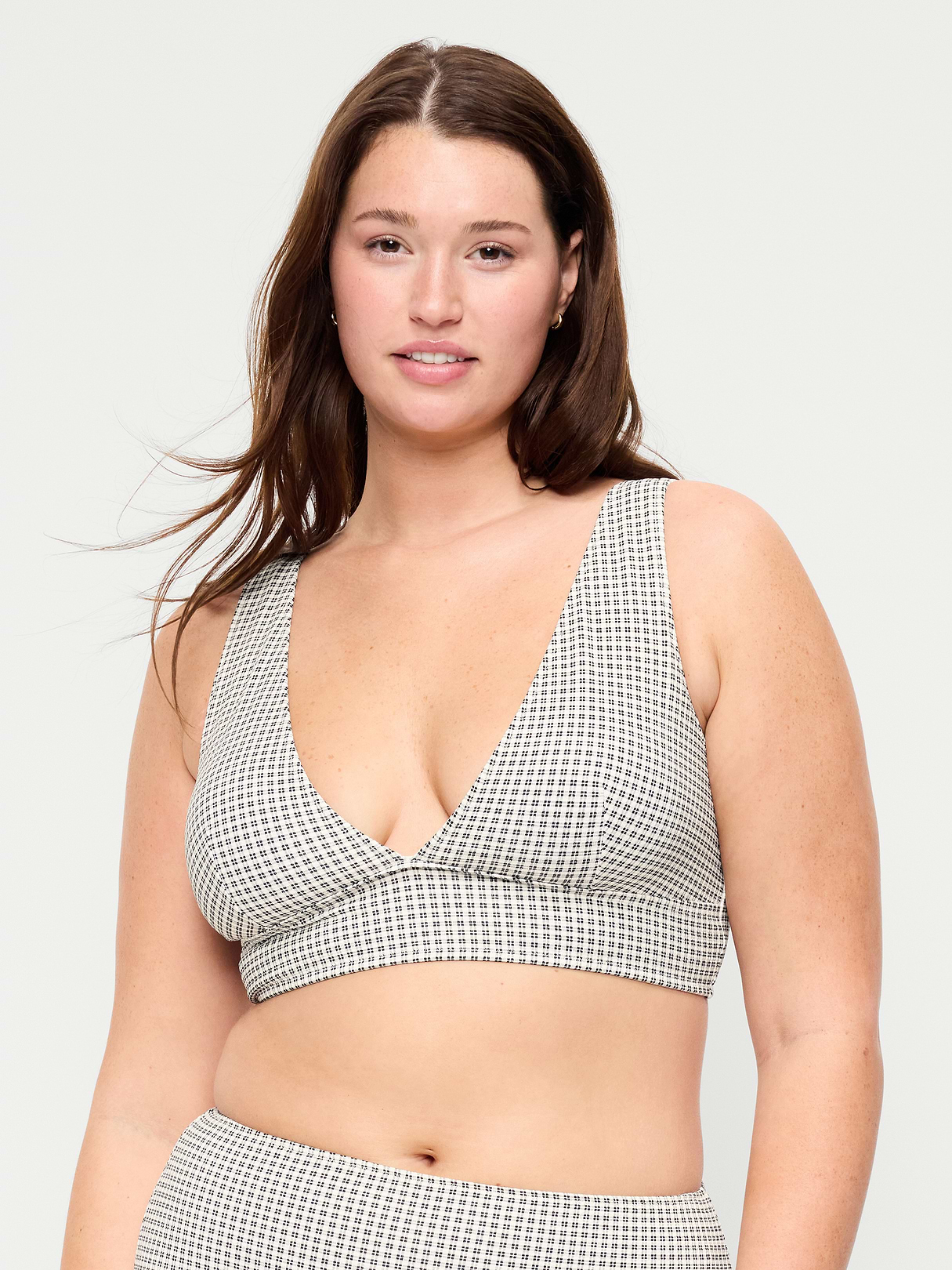 V-Neck Longline Bikini Swim Top - Black/White Gingham