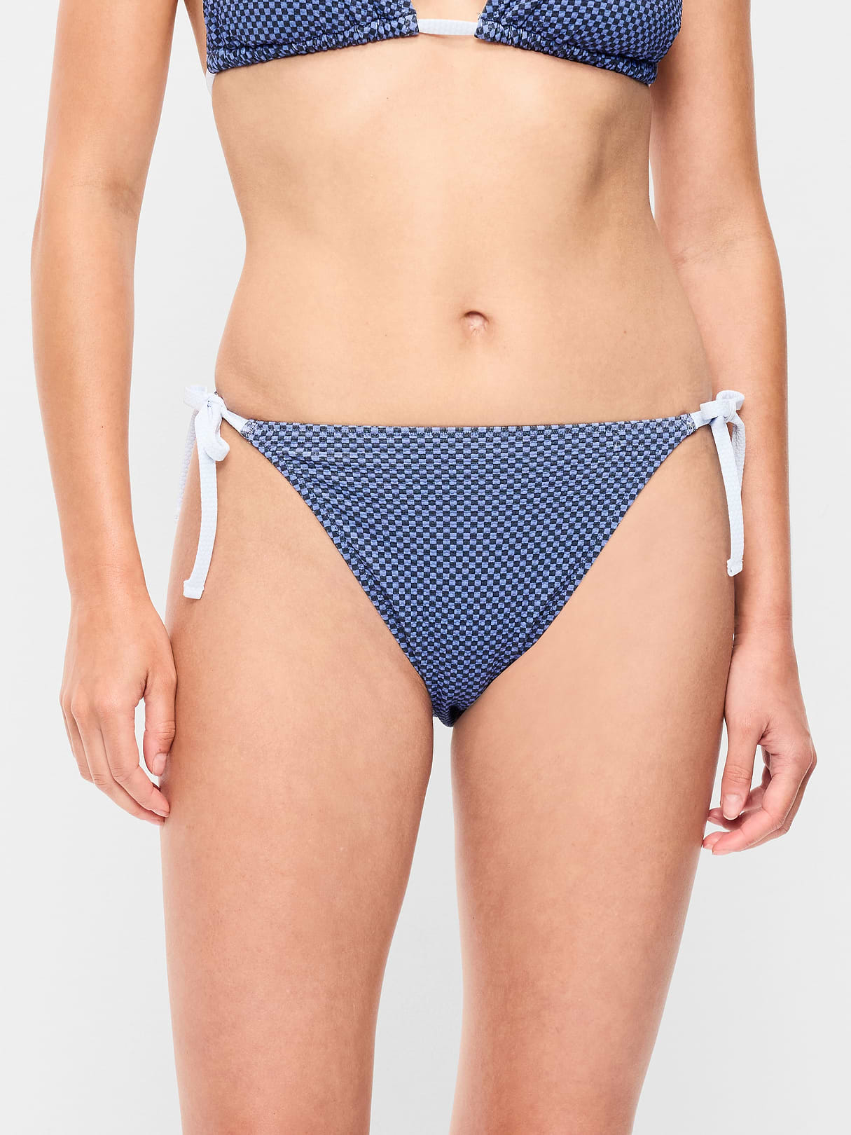 Eyelet String Bikini Swim Bottoms - Blue Checkerboard