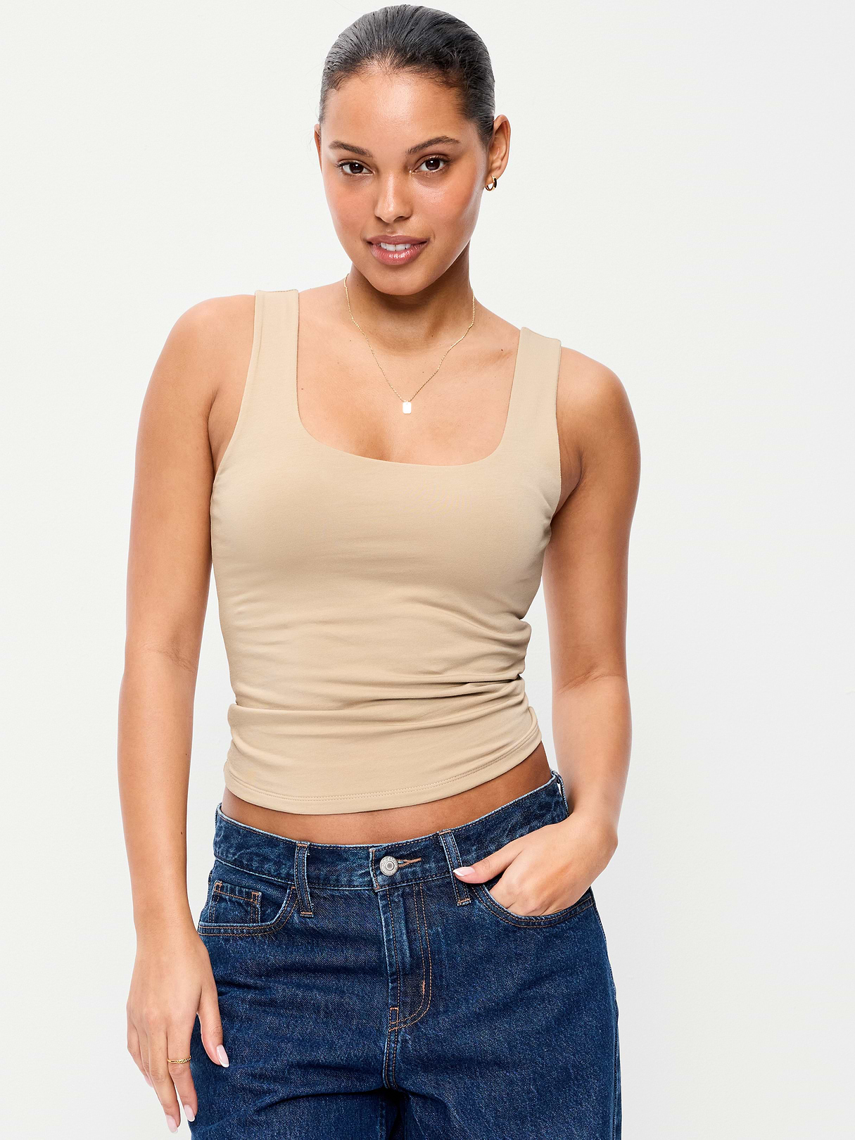 Hug Double-Layer Scoop-Neck Tank Top - Mocha Taffy