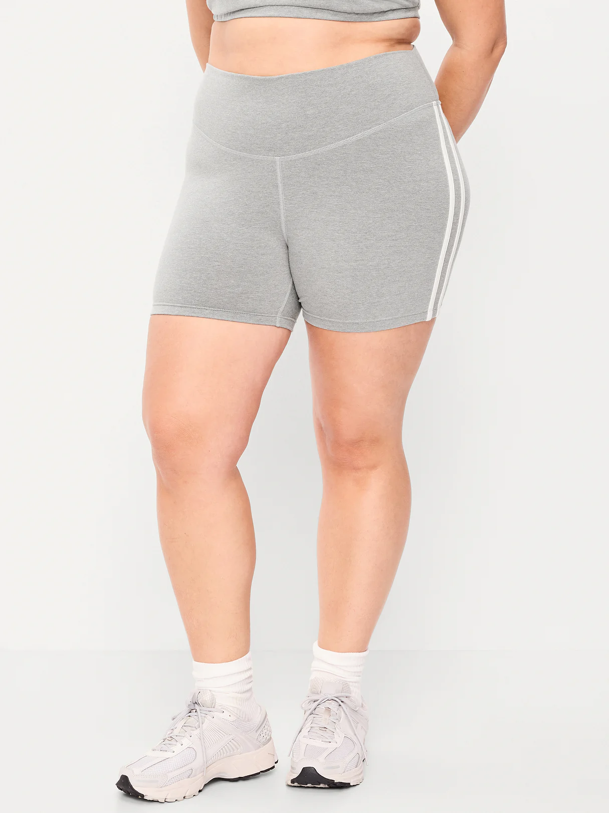 High-Waisted PowerChill Biker Shorts -- 5-inch inseam - Gray Stripe