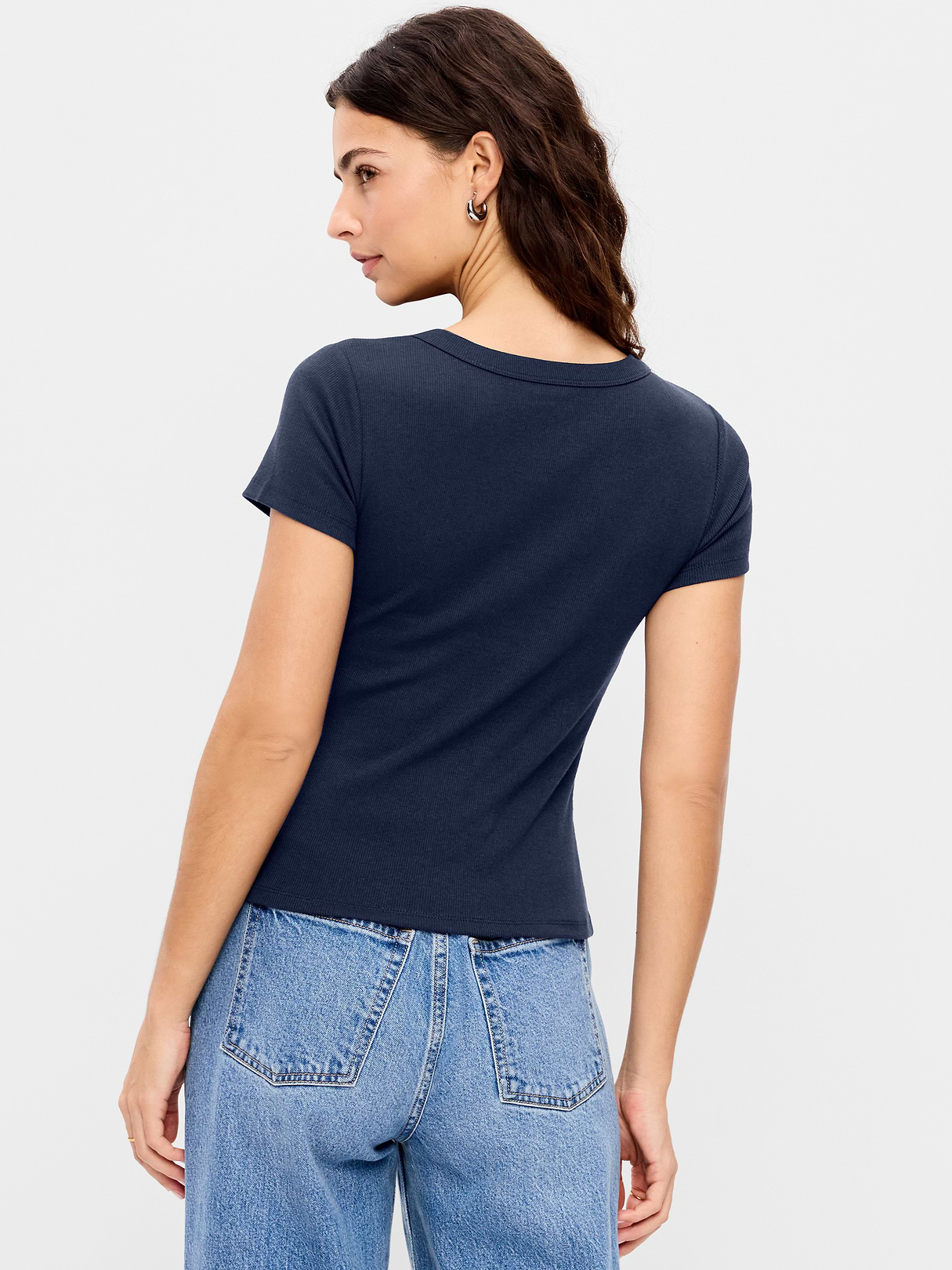 Snug Crop V-Neck Ribbed T-Shirt - Arctic Depth