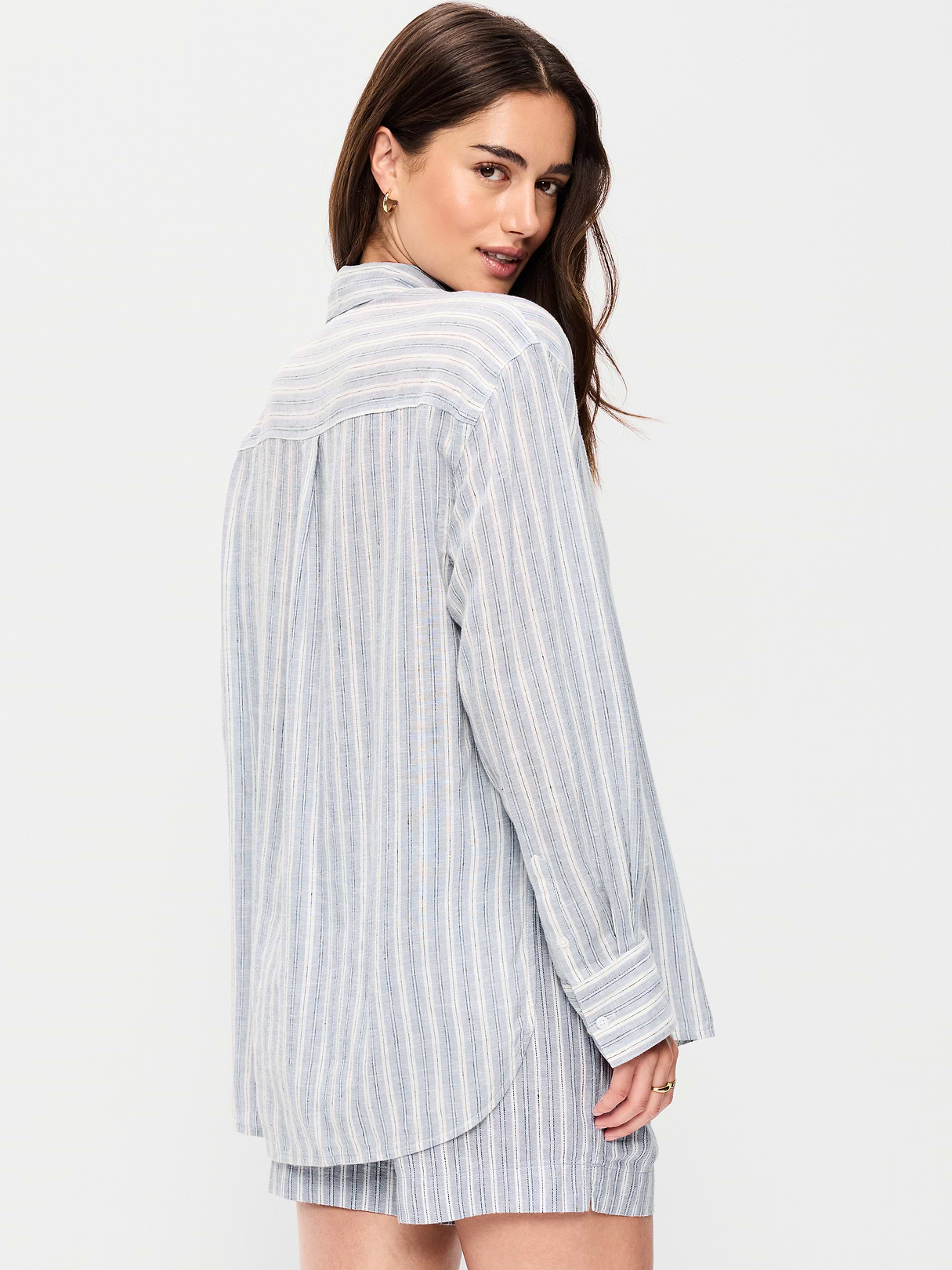 Linen-Blend Loose Button-Down Shirt - Blue Stripe