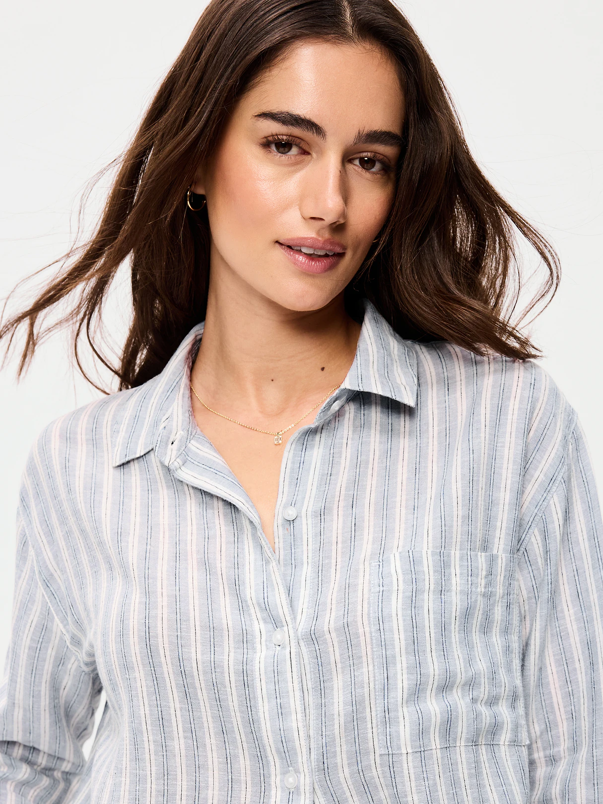 Linen-Blend Loose Button-Down Shirt - Blue Stripe