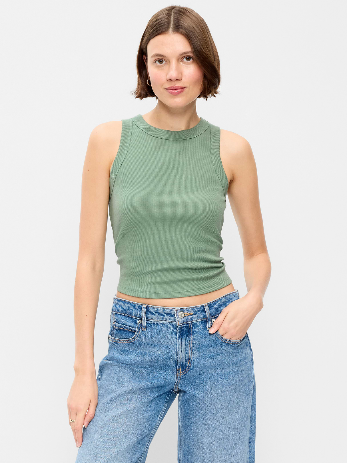 Crop Ribbed Tank Top - Herbal Green